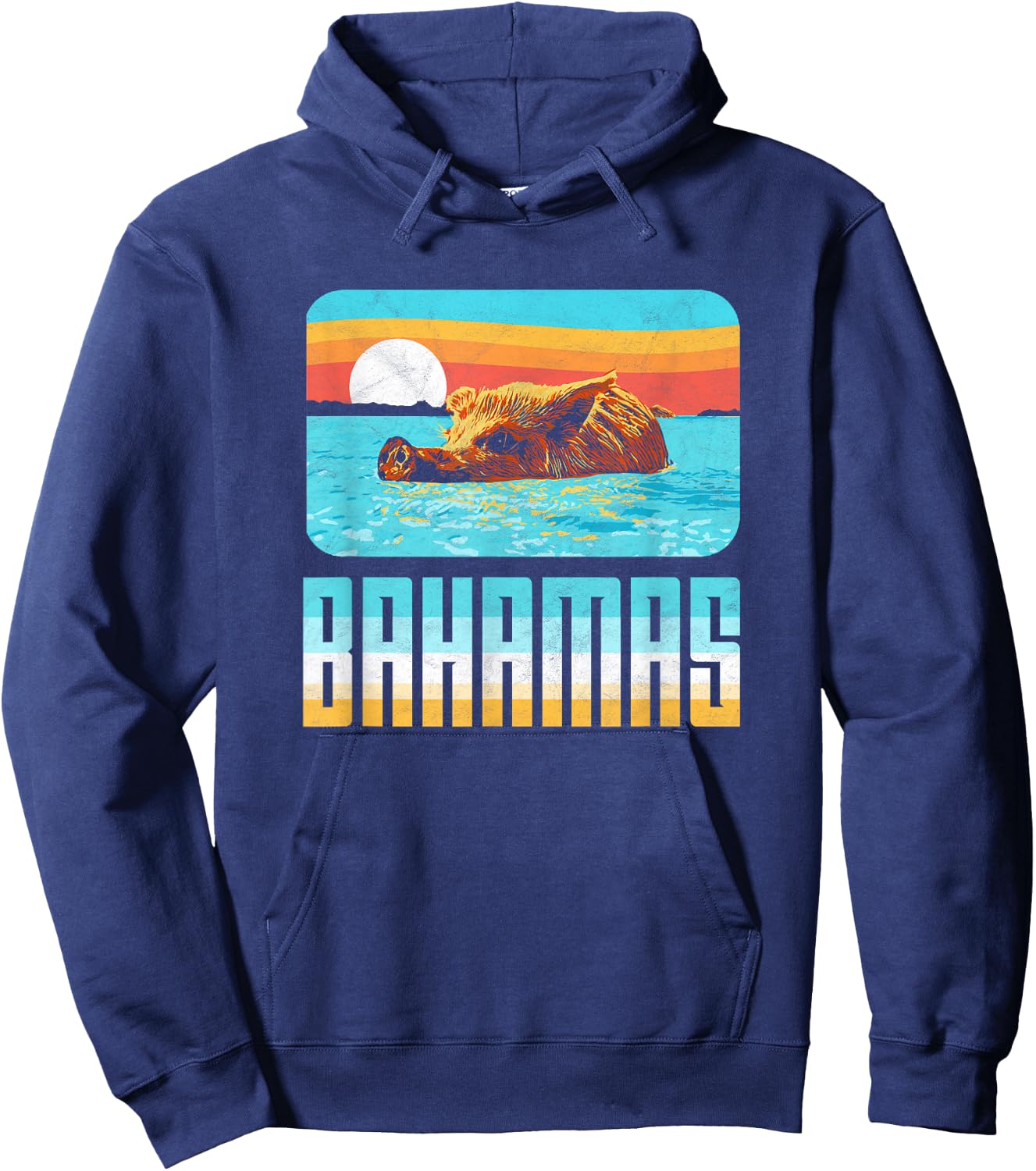 Retro Bahamas Swimming Pig Funny Vintage Feral Hog Beach Hoodie - Hoodie | Navy