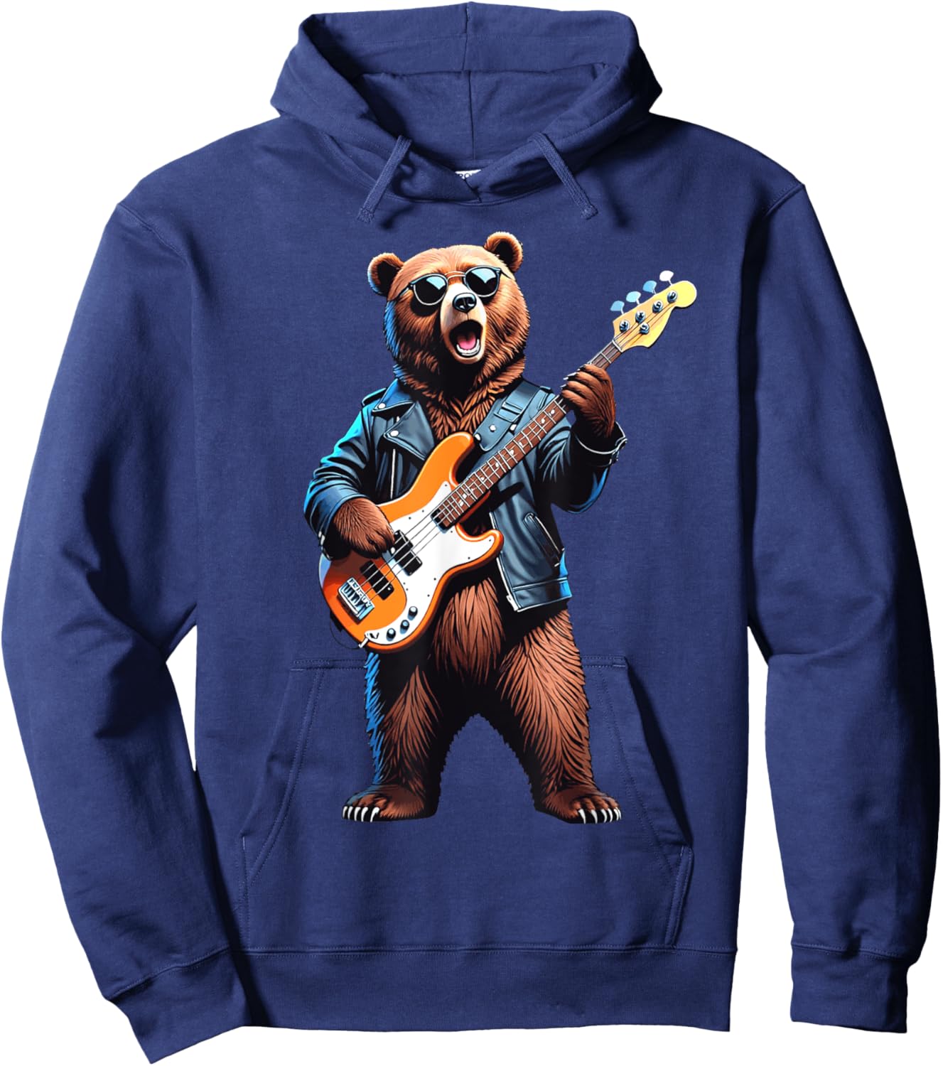 Retro Bear Playing Bass Guitar Bassist Guitarist Music Lover Hoodie - Hoodie | Navy