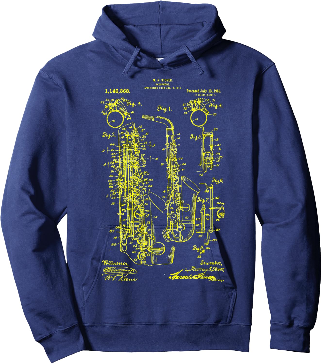 Saxophone Old Vintage Patent Drawing Print Saxophone Hoodie - Hoodie | Navy