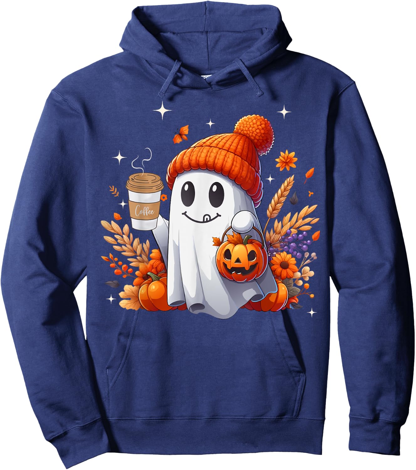 Men Women Autumn Cute Ghost Drinking Coffee Spooky Halloween Hoodie - Hoodie | Navy