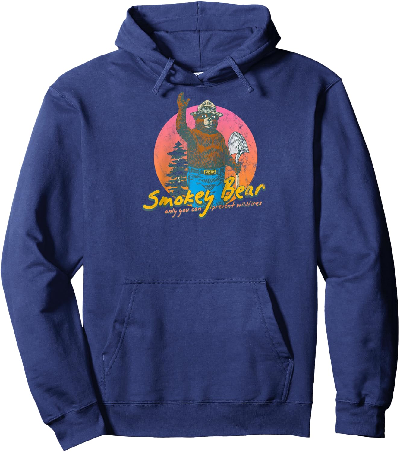 Smokey Bear Retro Smokey Bear Colorful Sunset PSA Raglan Baseball Hoodie - Hoodie | Navy