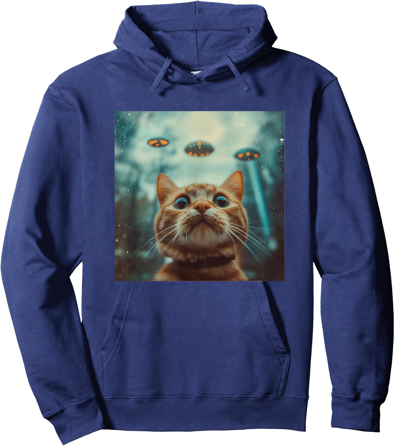 Cat Selfie with UFOs Weird Print Graphic Space Funny Hoodie - Hoodie | Navy