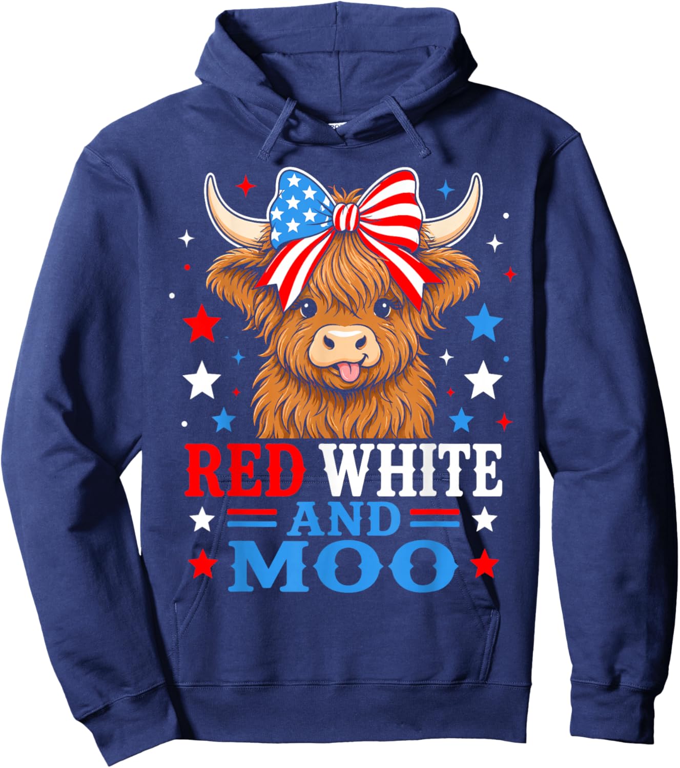 Red White and Moo Highland Patriotic Fluffy Cow 4th of July Hoodie - Hoodie | Navy