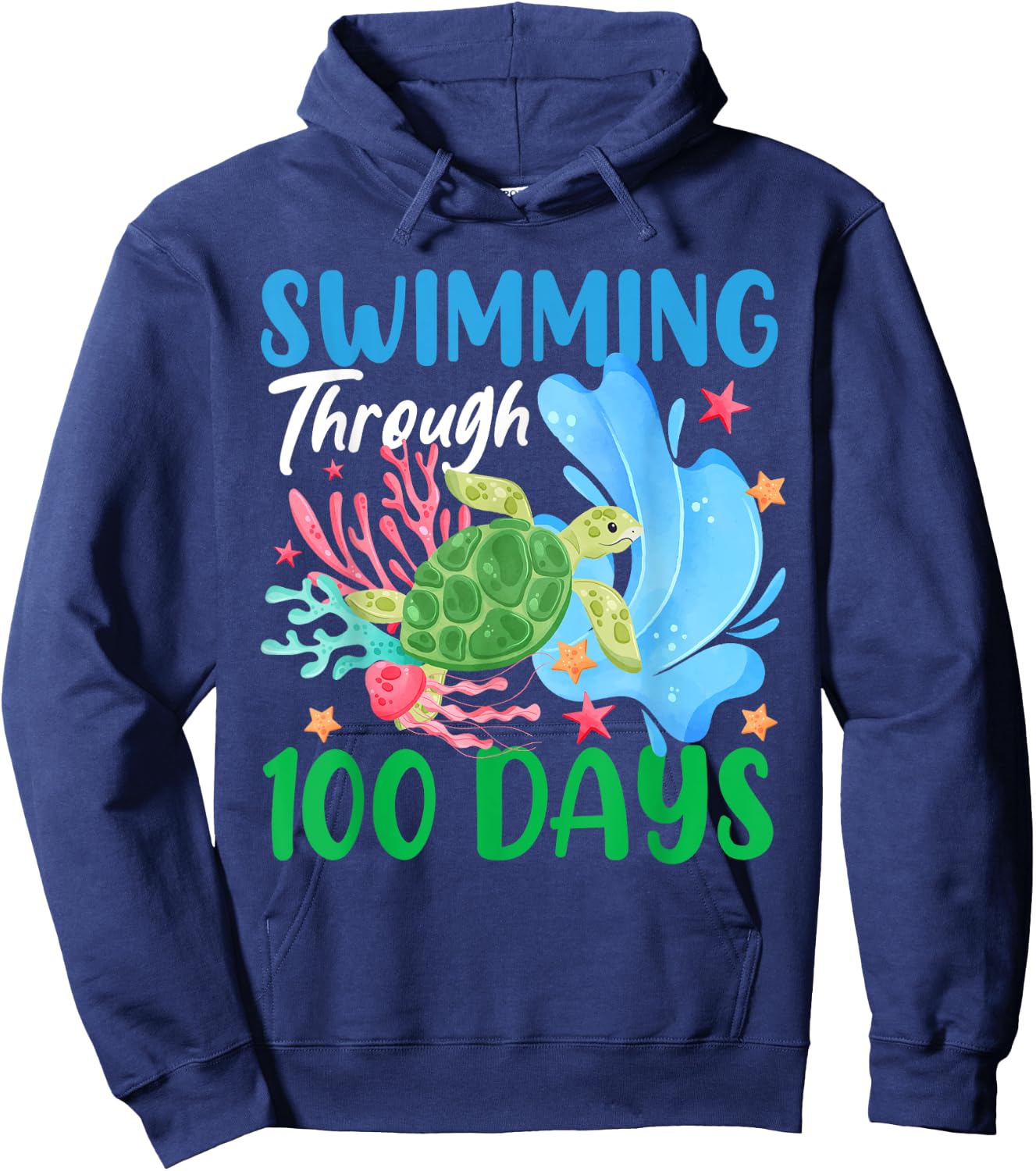 Sea Turtle Swimming Through 100 Days Of School Teacher Kids Hoodie - Hoodie | Navy