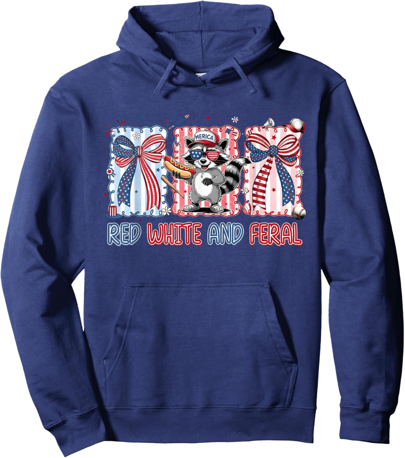 Red White and Feral Patriotic Raccoon Coquette Bow Baseball Hoodie - Hoodie | Navy