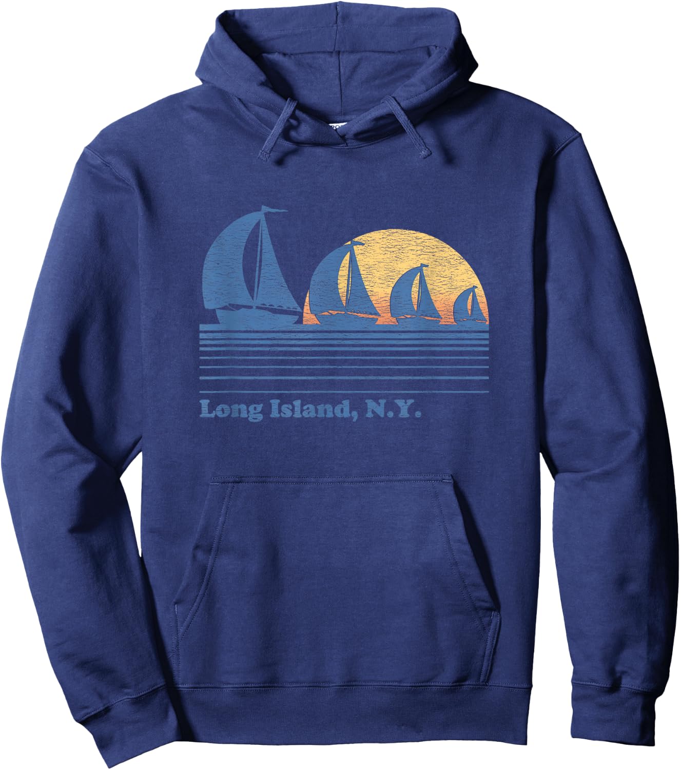 Long Island NY Sailboat Vintage 80s Sunset Hoodie - Hoodie | Navy
