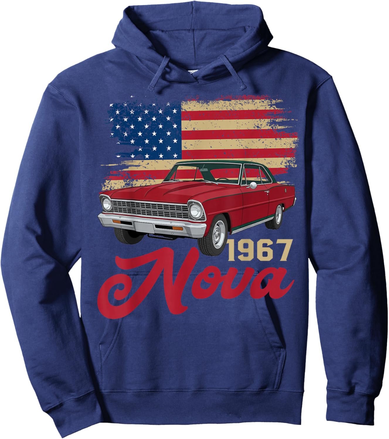 1967 67 Nova Silhouette Muscle Car American Flag Hoodie - Hoodie | Navy