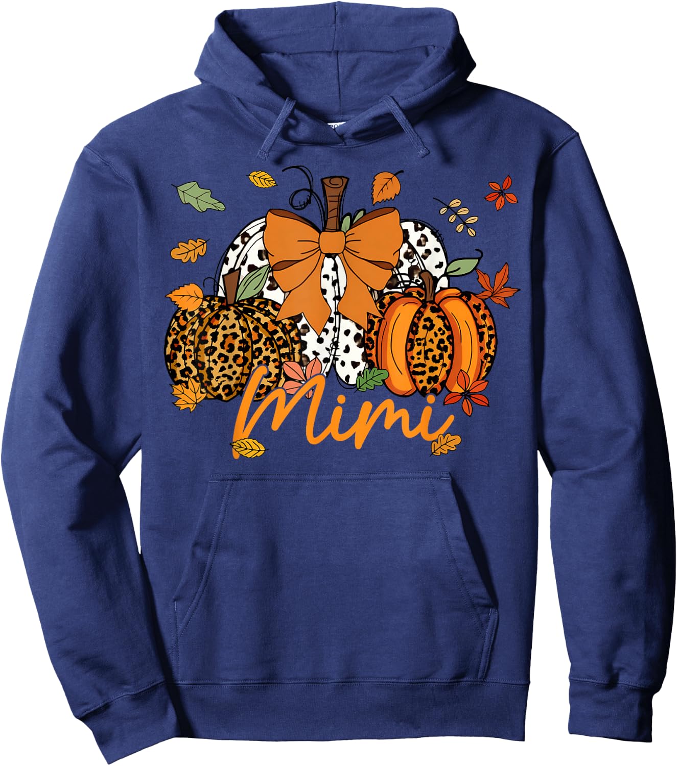 Mimi Thanksgiving Leopard Pumpkin Coquette Bow Mom Grandma Hoodie - Hoodie | Navy