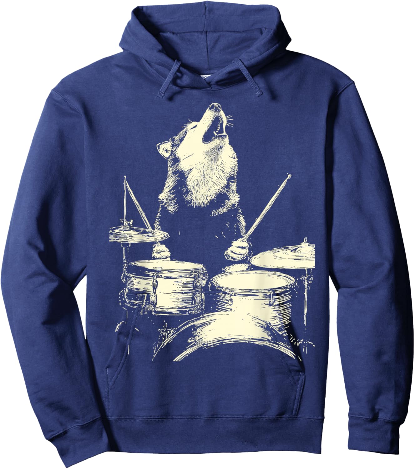 Cute Wolf Playing Drums Funny Music Animal Drummer Graphic Hoodie - Hoodie | Navy