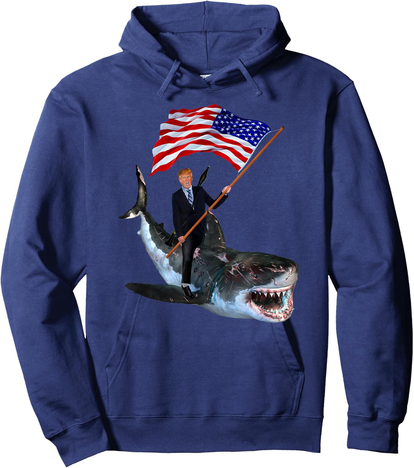 Epic Trump Riding Shark With USA Flag Shirt Hoodie - Hoodie | Navy