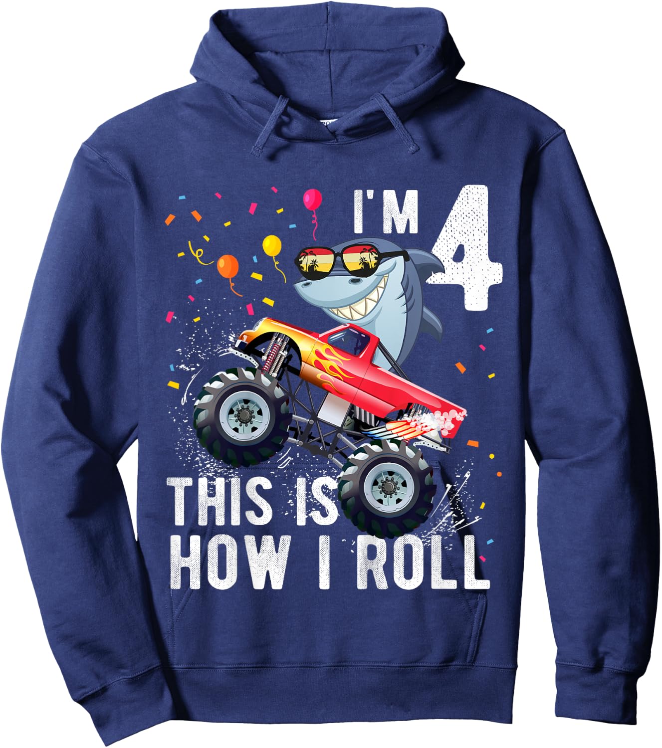 Shark Monster Truck 4th Birthday Boys and Girls Hoodie - Hoodie | Navy