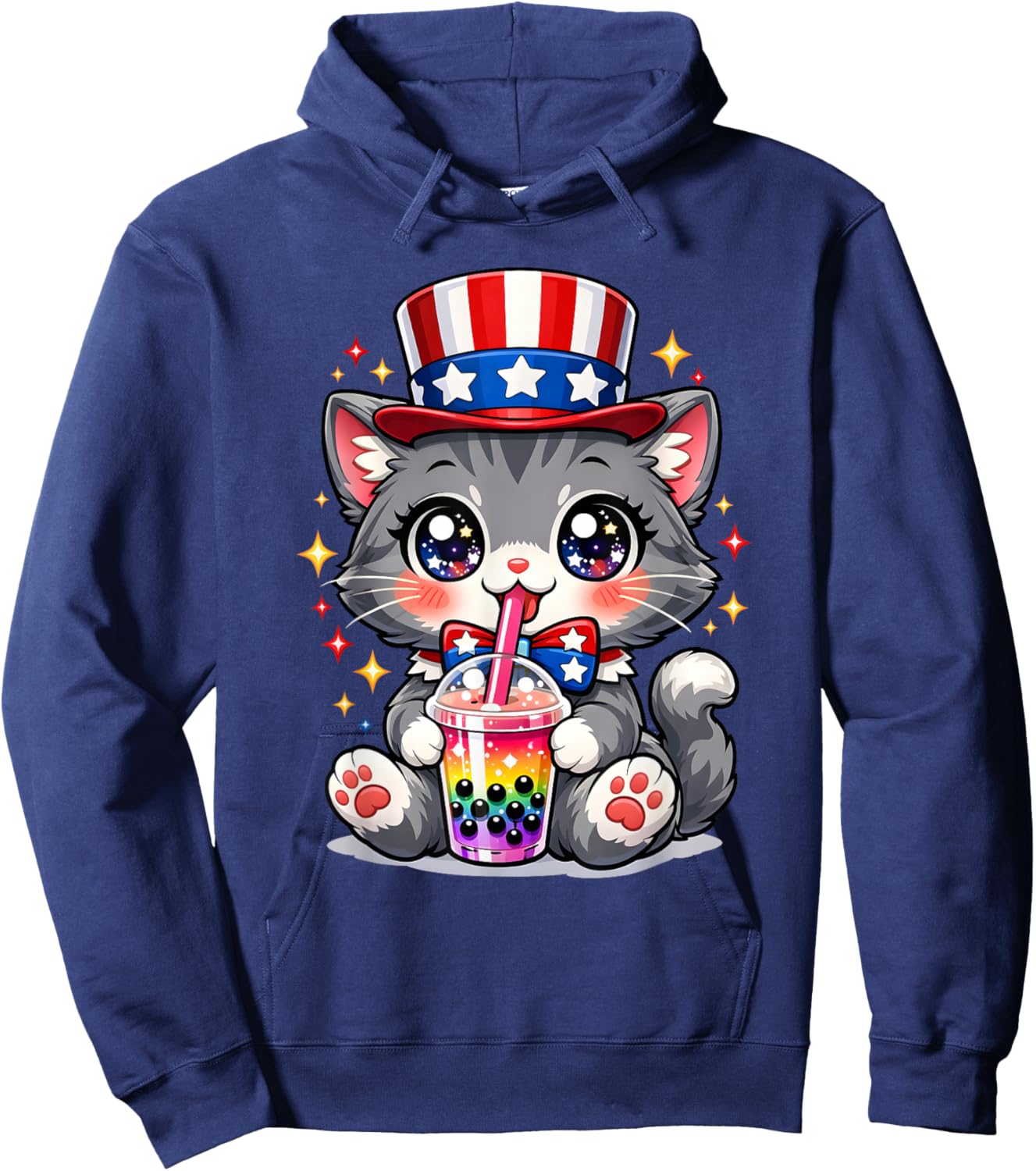 Cute Kitten Patriotic 4th of July Cat Bubble Boba Tea USA Hoodie - Hoodie | Navy