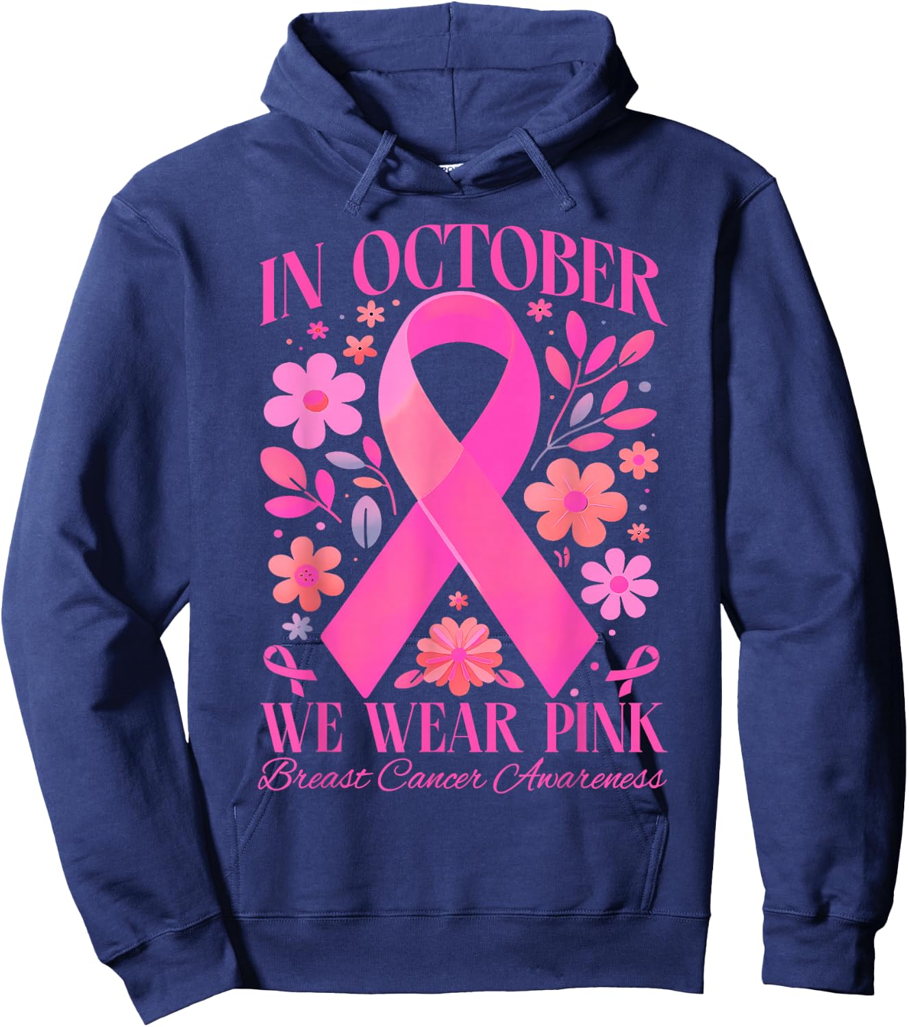 In October We Wear Pink Retro Groovy Breast Cancer Awareness Hoodie - Hoodie | Navy