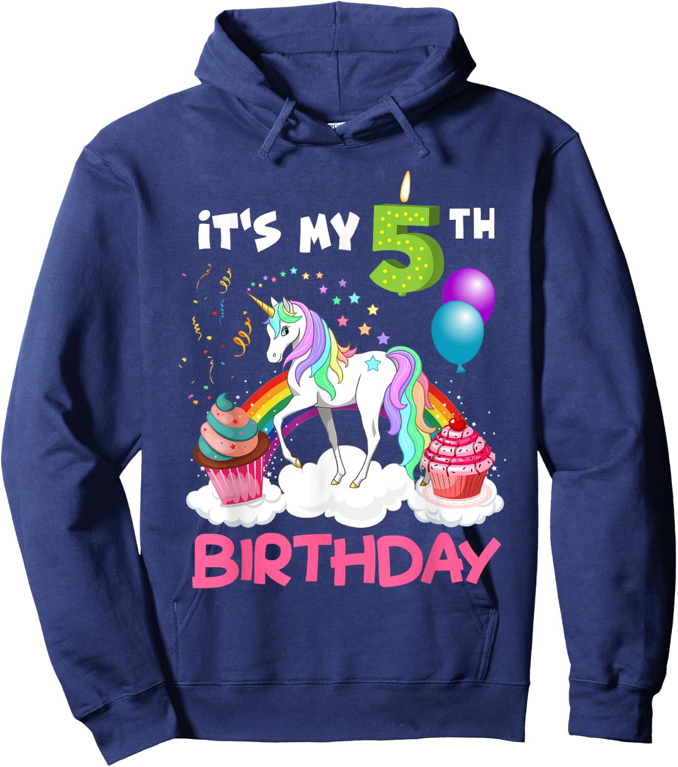 Cute It's My Fifth Birthday Unicorn Five Year Old Girl's Hoodie - Hoodie | Navy