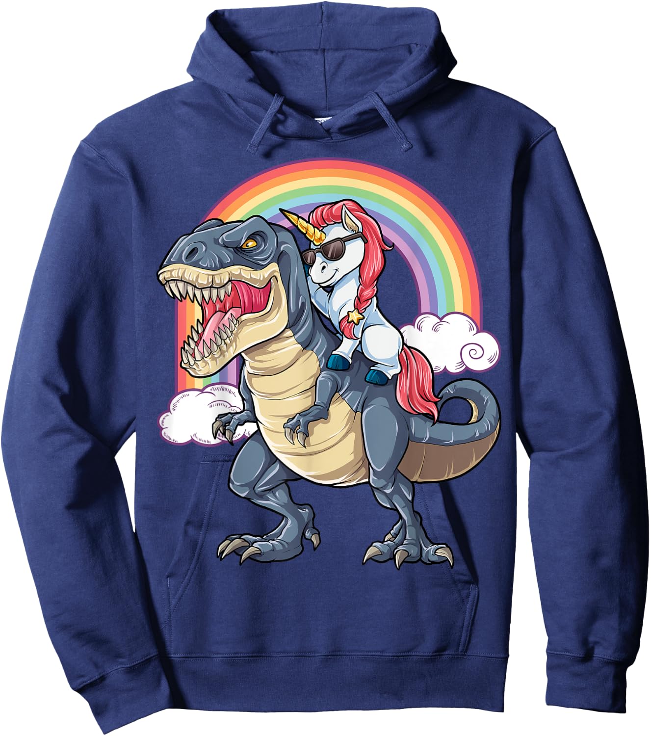 Unicorn Riding Dinosaur T rex Shirt Boys Girls Kids Rainbow Hoodie - Hoodie | Navy