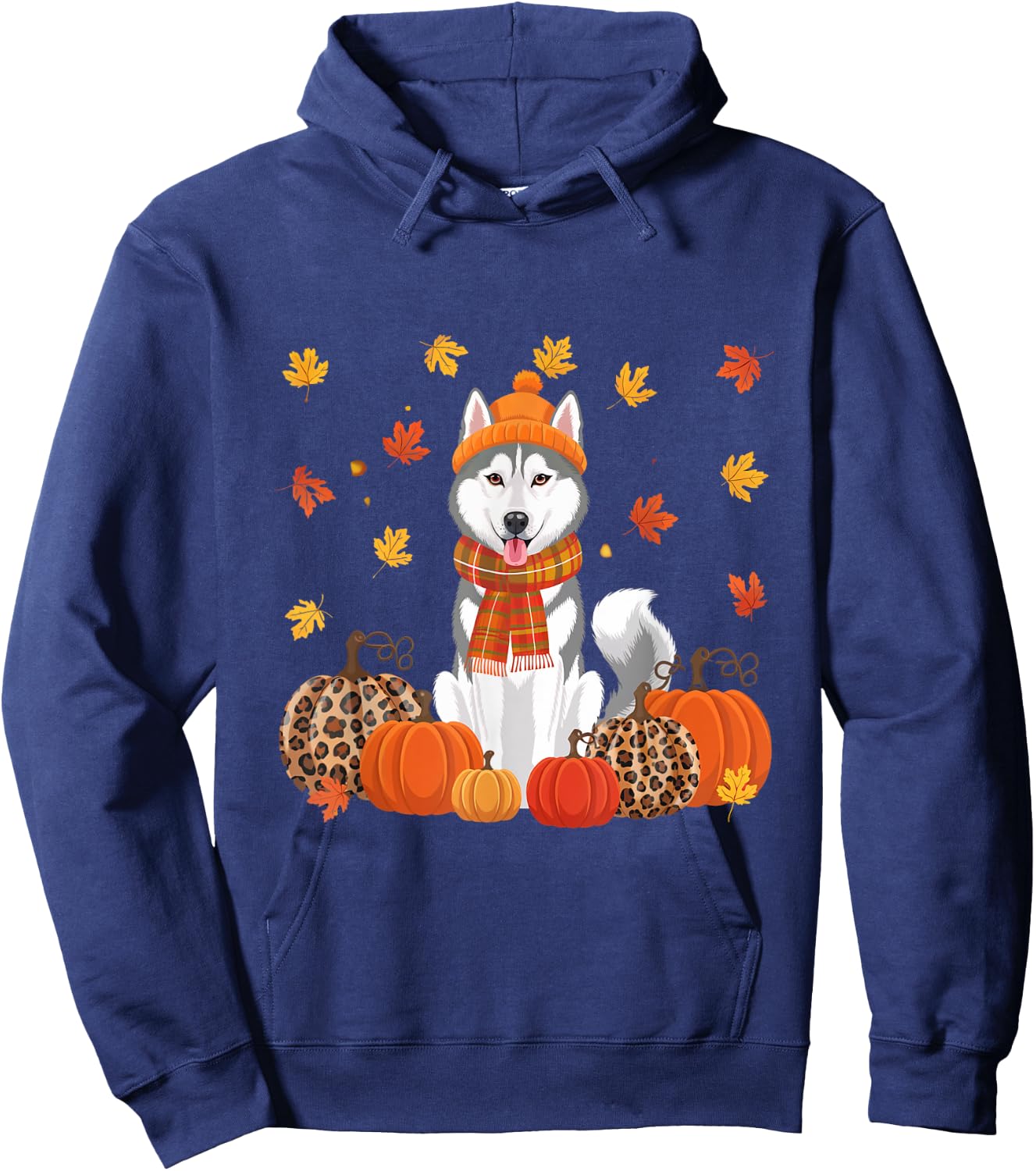 Fall Husky Pumpkins Leaves Autumn Halloween Thanksgiving Hoodie - Hoodie | Navy