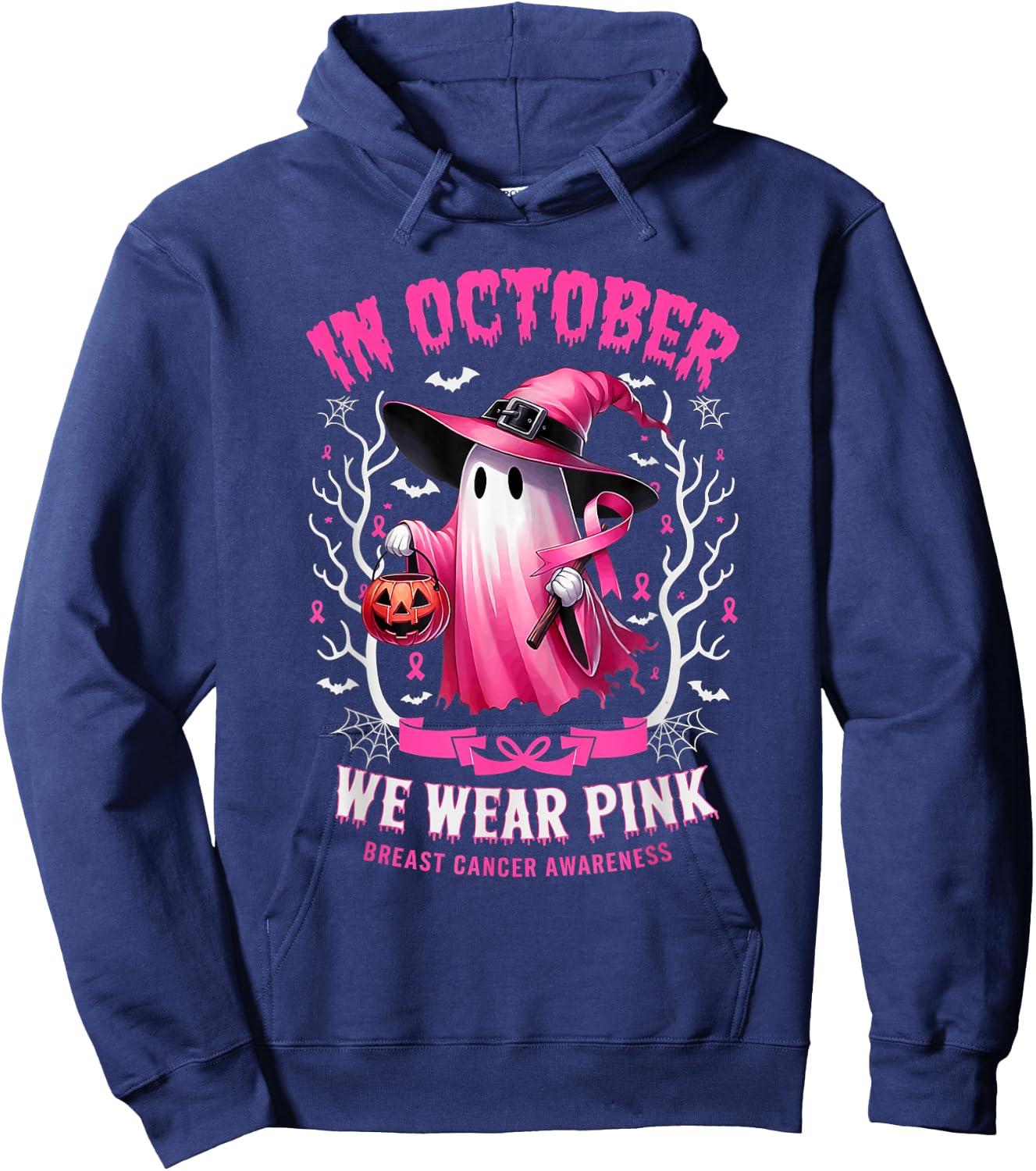 In October We Wear Pink Ghost Witch Breast Cancer Awareness Hoodie - Hoodie | Navy