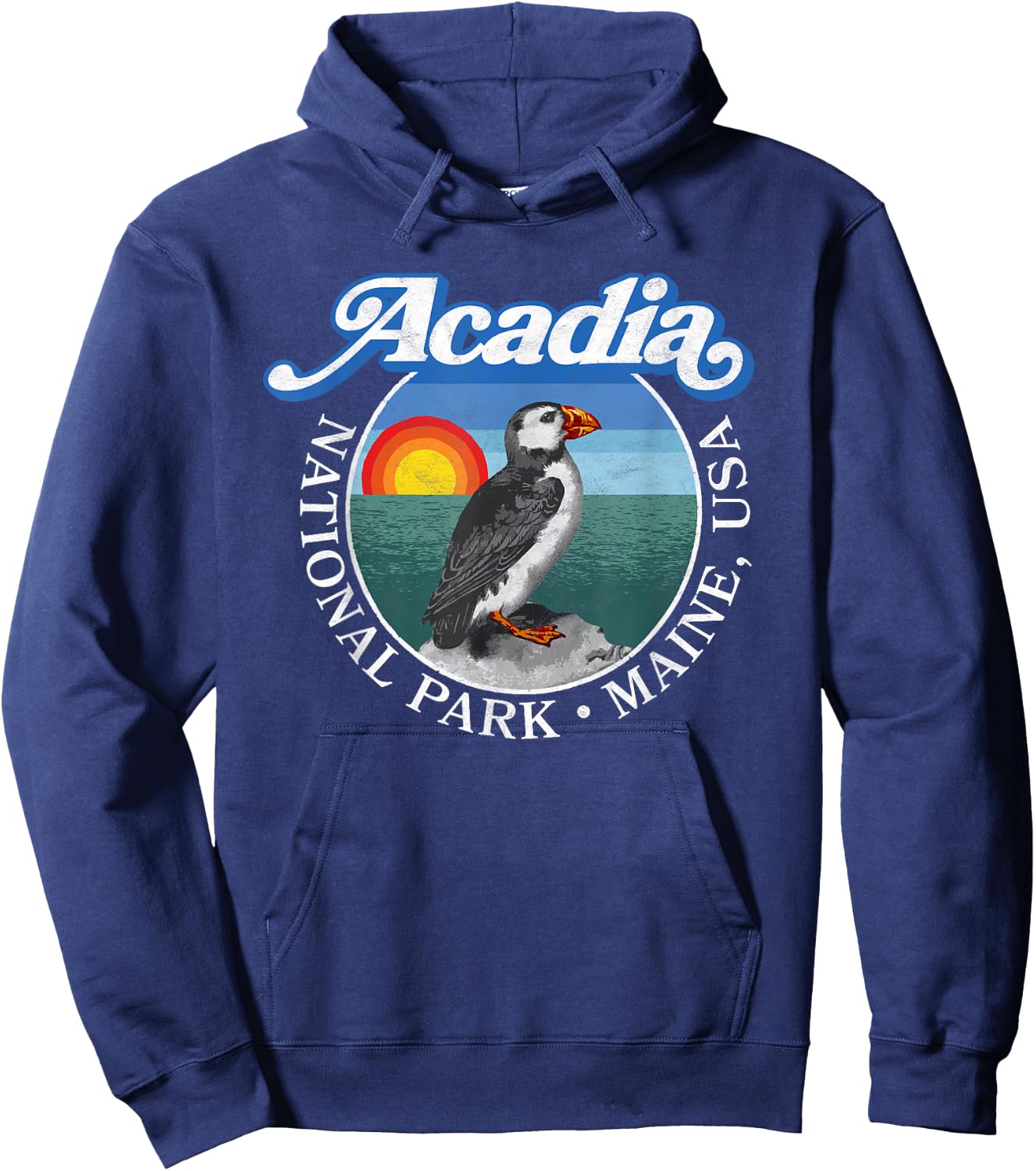 Retro Acadia National Park Vintage Maine Puffin Graphic Hoodie - Hoodie | Navy