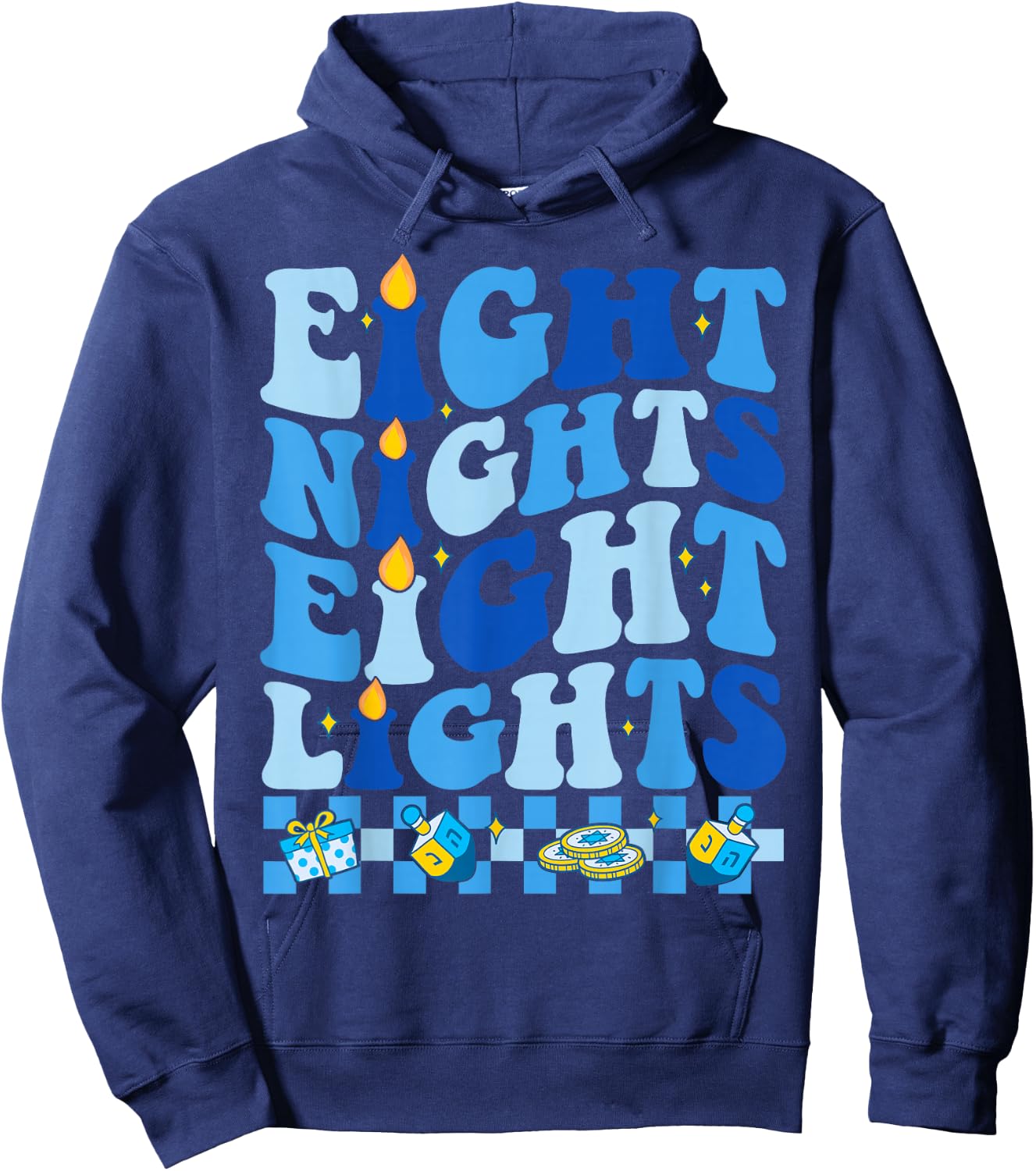 Retro Groovy Eight Nights and Eight Lights Happy Hanukkah Hoodie - Hoodie | Navy