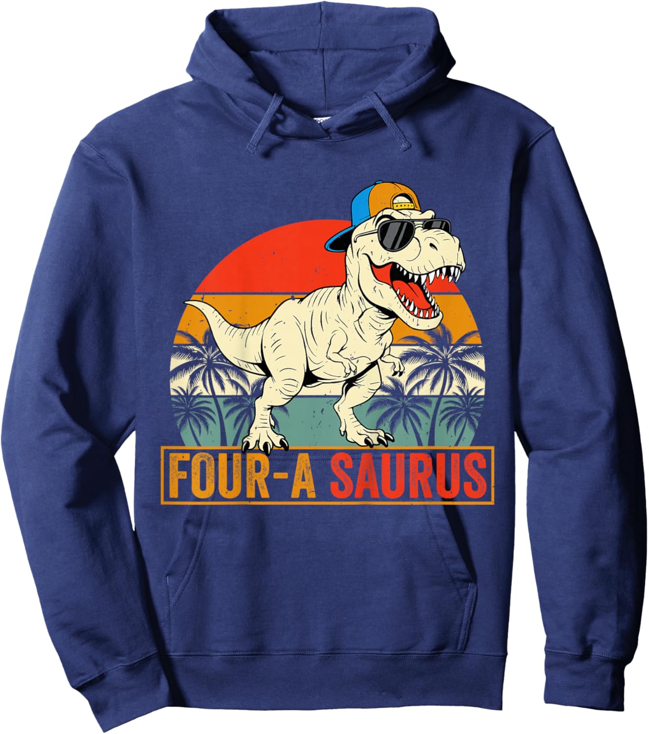 Kids Four-A-Saurus Funny Dino Dinosaur Lover 4th Birthday Hoodie - Hoodie | Navy