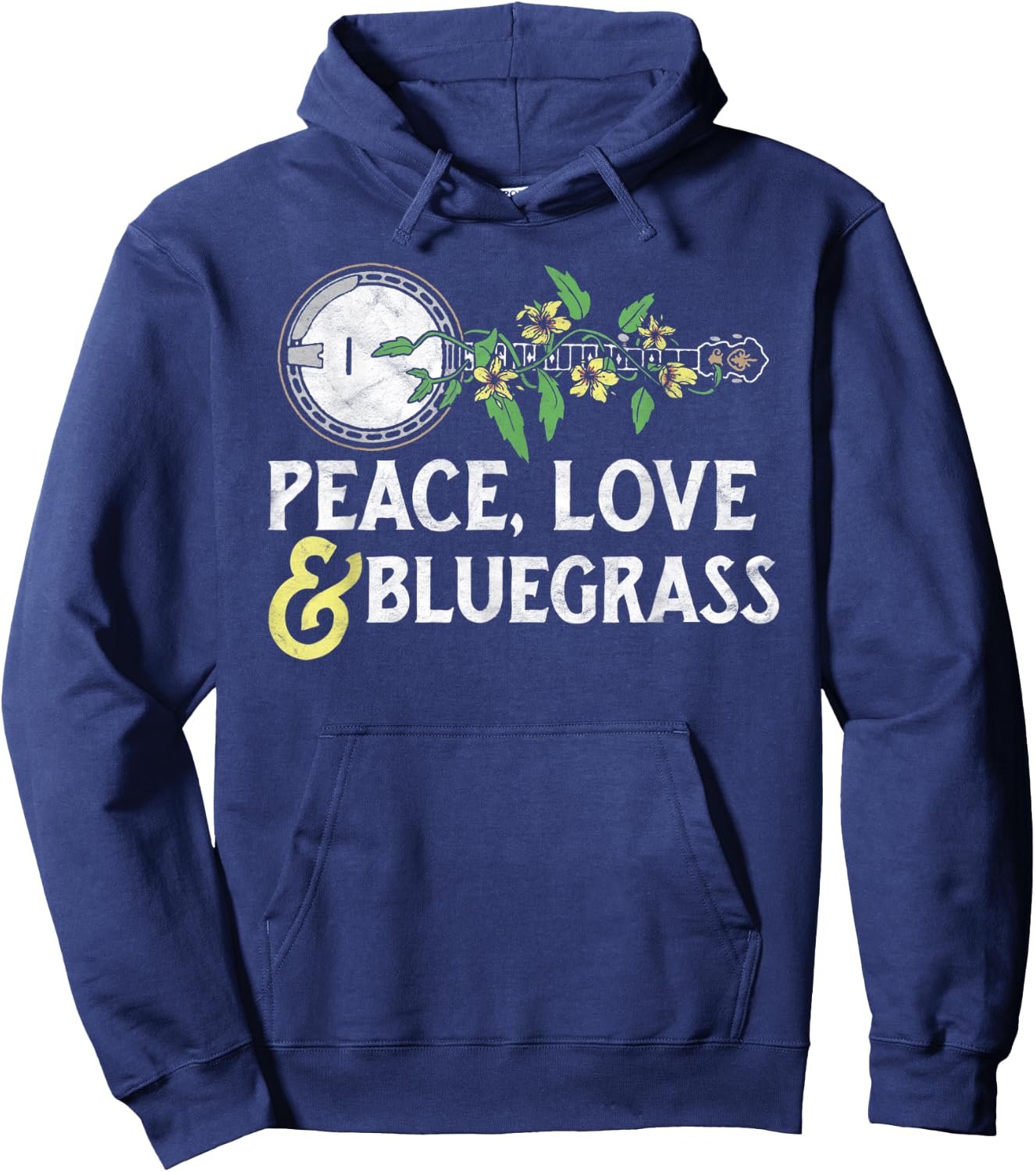 Peace , Love & Bluegrass - Banjo Nature Vines Illustration Hoodie - Hoodie | Navy