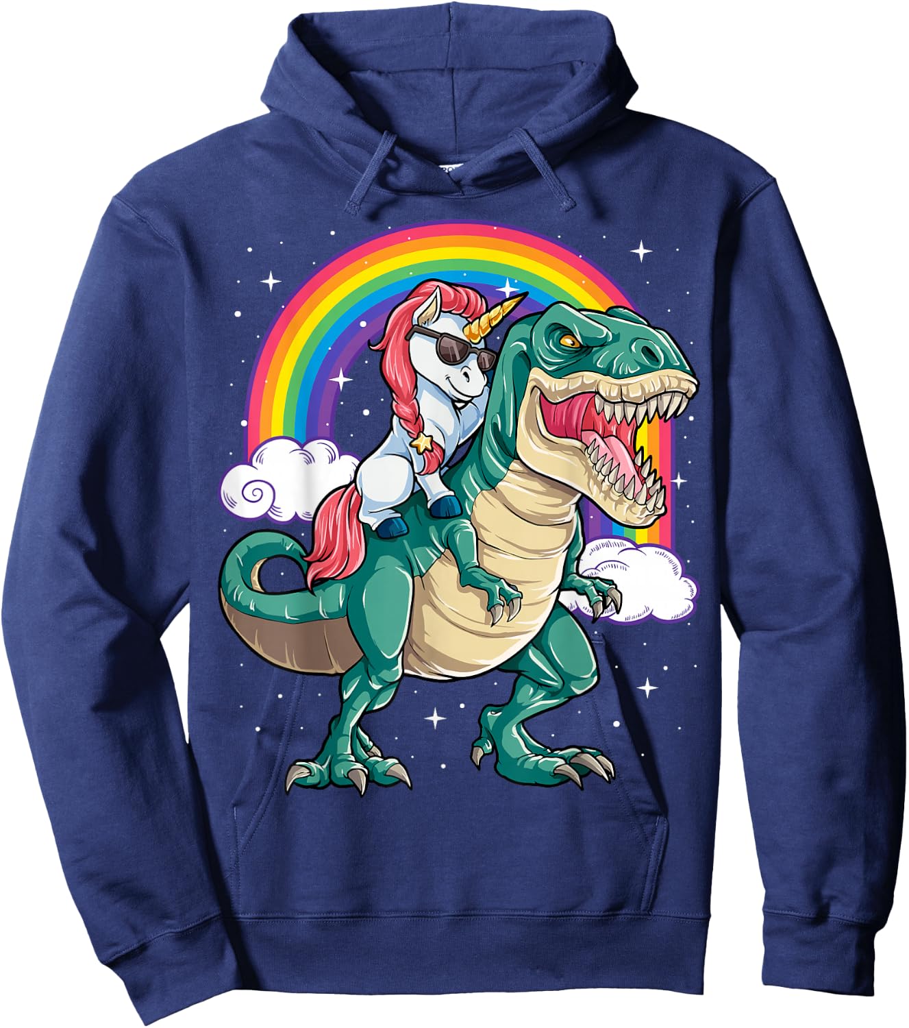 Unicorn Riding T rex Dinosaur Boys Girls Men Women Rainbow Small Hoodie - Hoodie | Navy