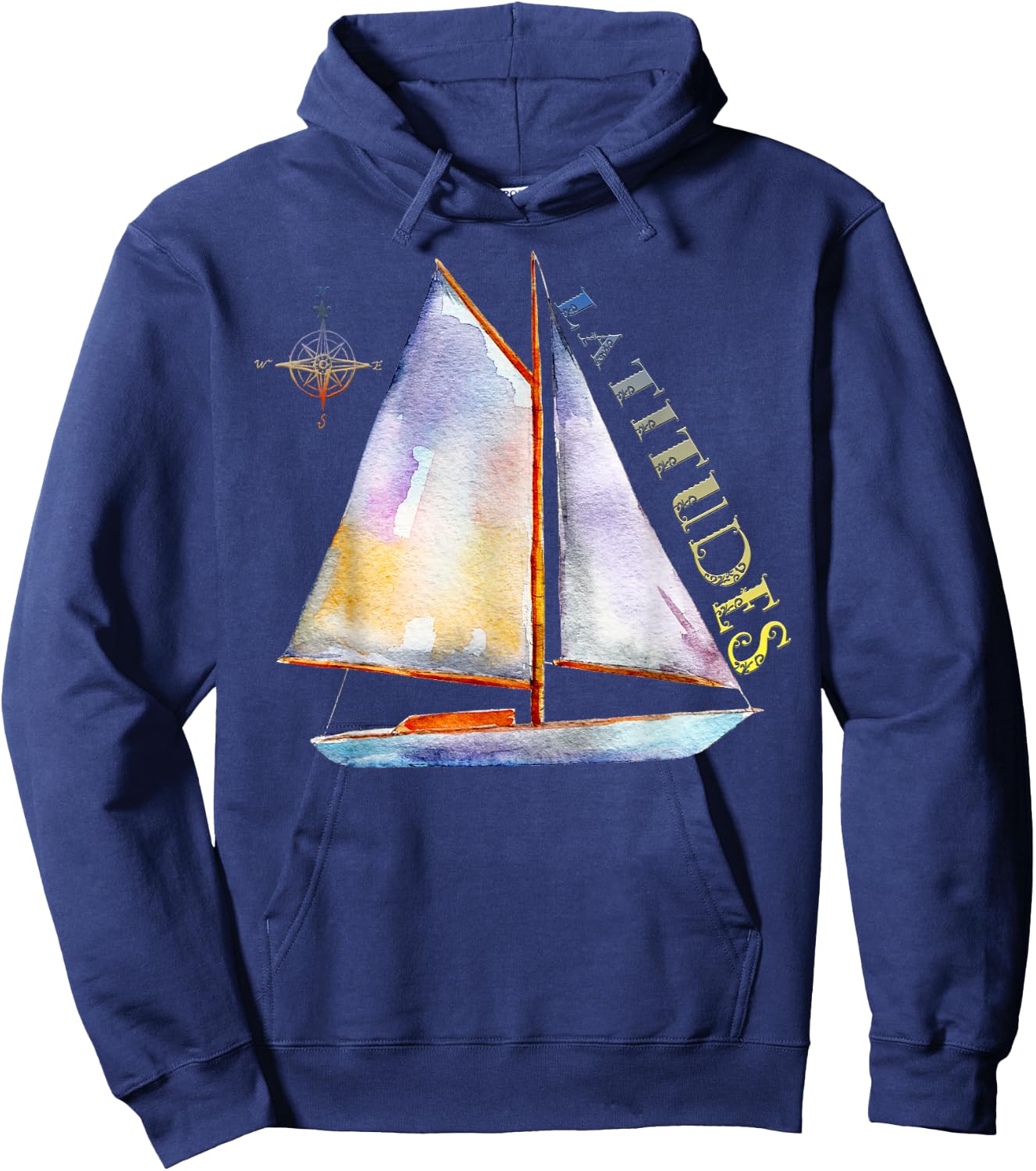 Watercolor Sailboat with Compass and LATITUDES Sailing Hoodie - Hoodie | Navy