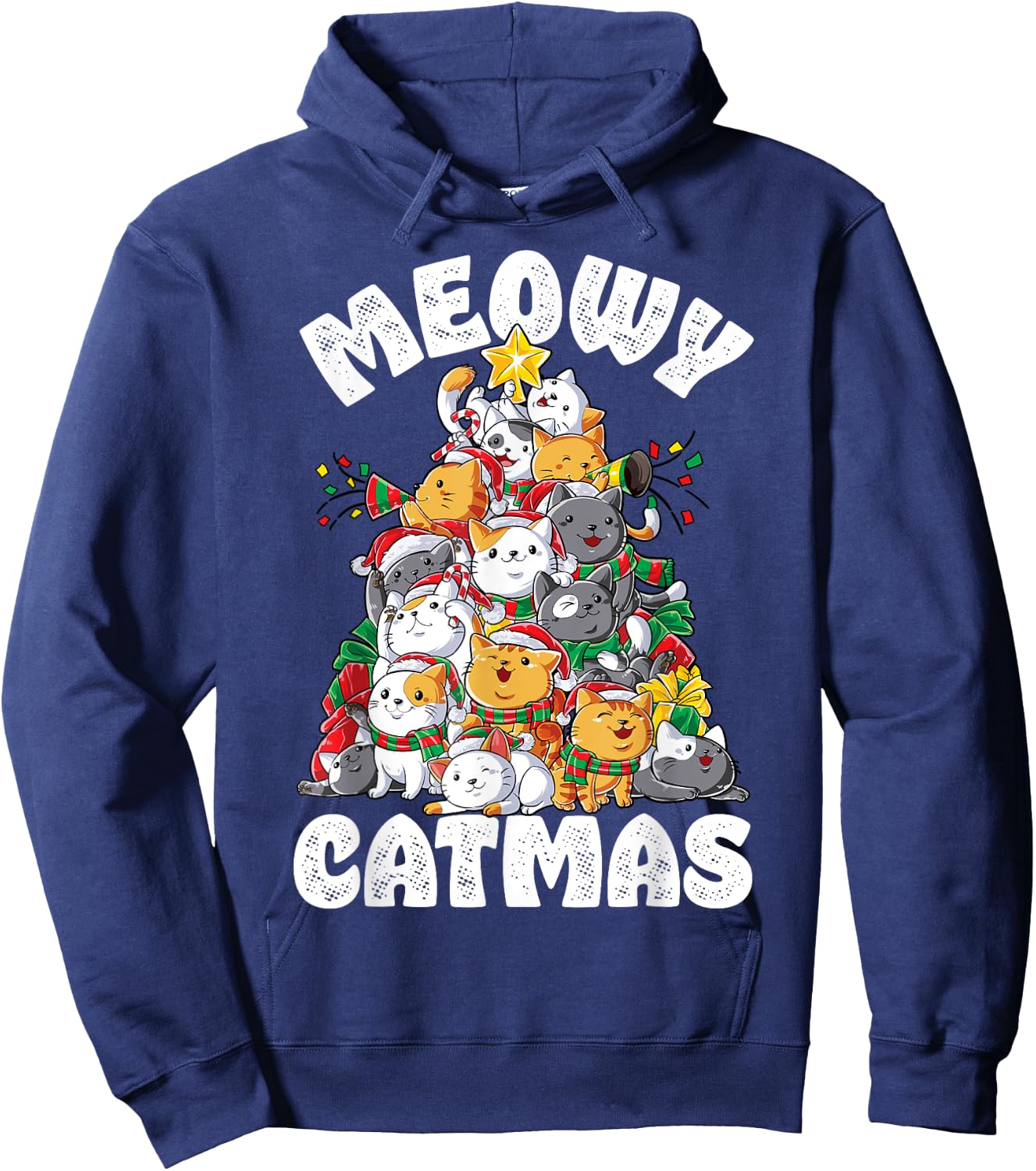 Meowy Catmas Cat Christmas Tree Xmas Girls Boys Funny Santa Short Sleeve Hoodie - Hoodie | Navy