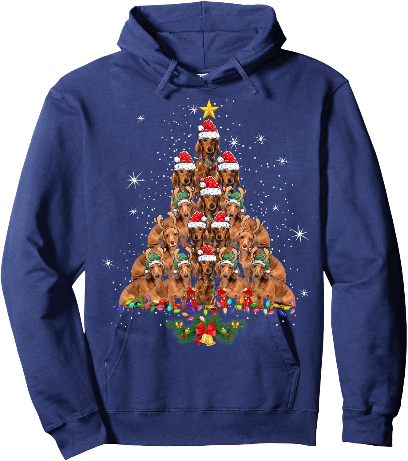 Dachshund Christmas Tree Dog Xmas Lights Pajamas Funny Hoodie - Hoodie | Navy
