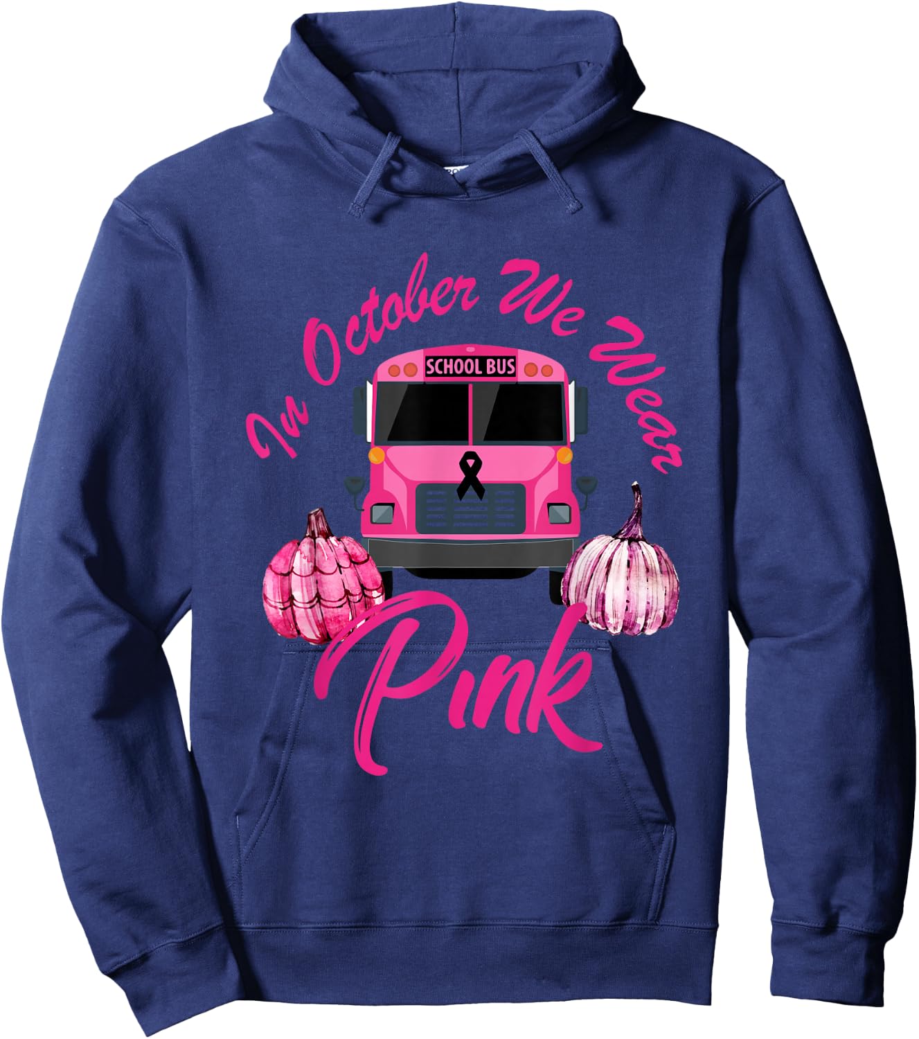 In October We Wear Bus Pink Pumpkin Breast Cancer Halloween Hoodie - Hoodie | Navy