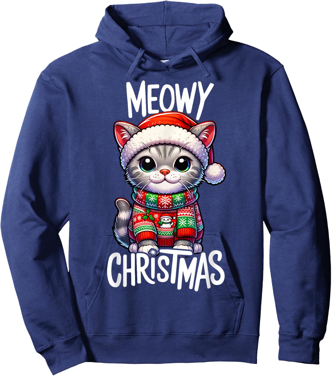 Meowy Christmas Cat Lover Funny Festive Holidays Cute Kitten Women Kids Hoodie - Hoodie | Navy