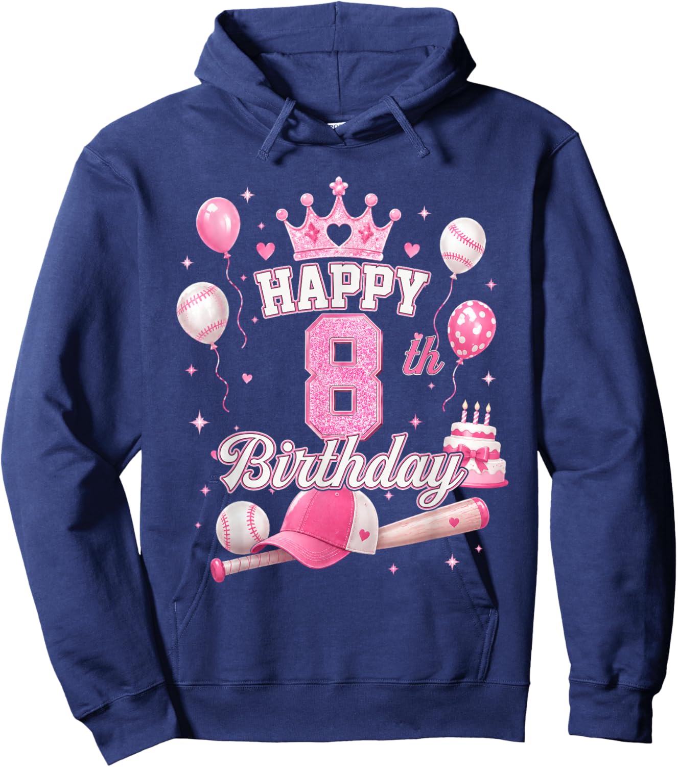 Happy 8th Birthday Girl 8 Year Pink Baseball Princess Party Hoodie - Hoodie | Navy