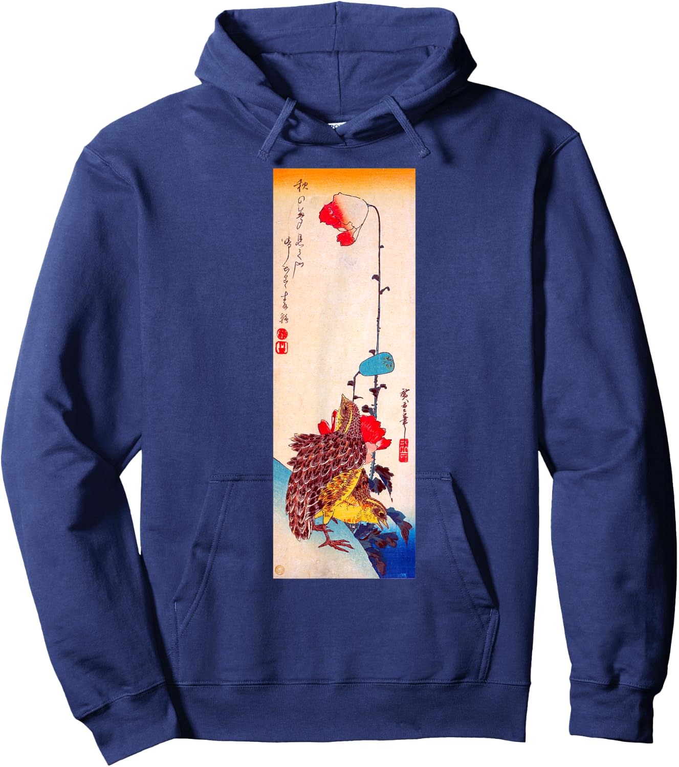 Japanese Art, Hiroshige Woodblock Art Design Quails and Hoodie - Hoodie | Navy