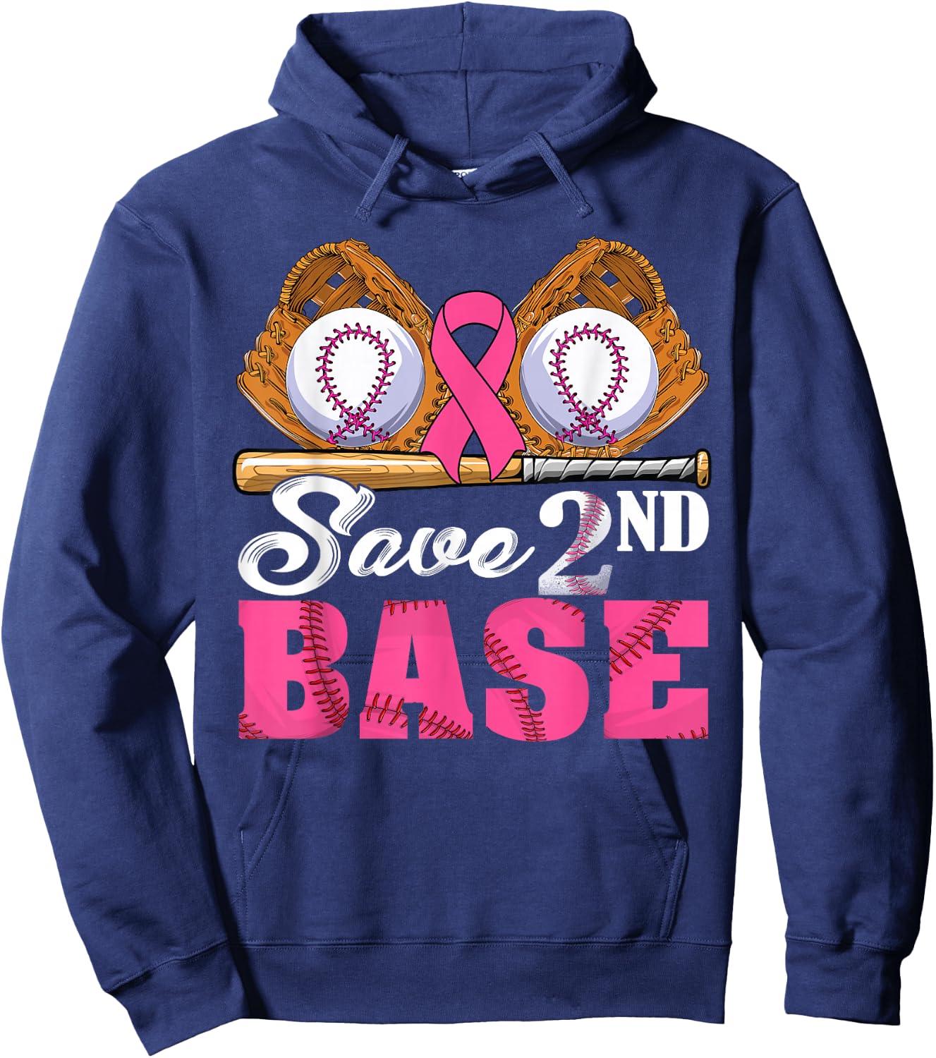 Save Second 2nd Base Breast Cancer Awareness Month Baseball Hoodie - Hoodie | Navy