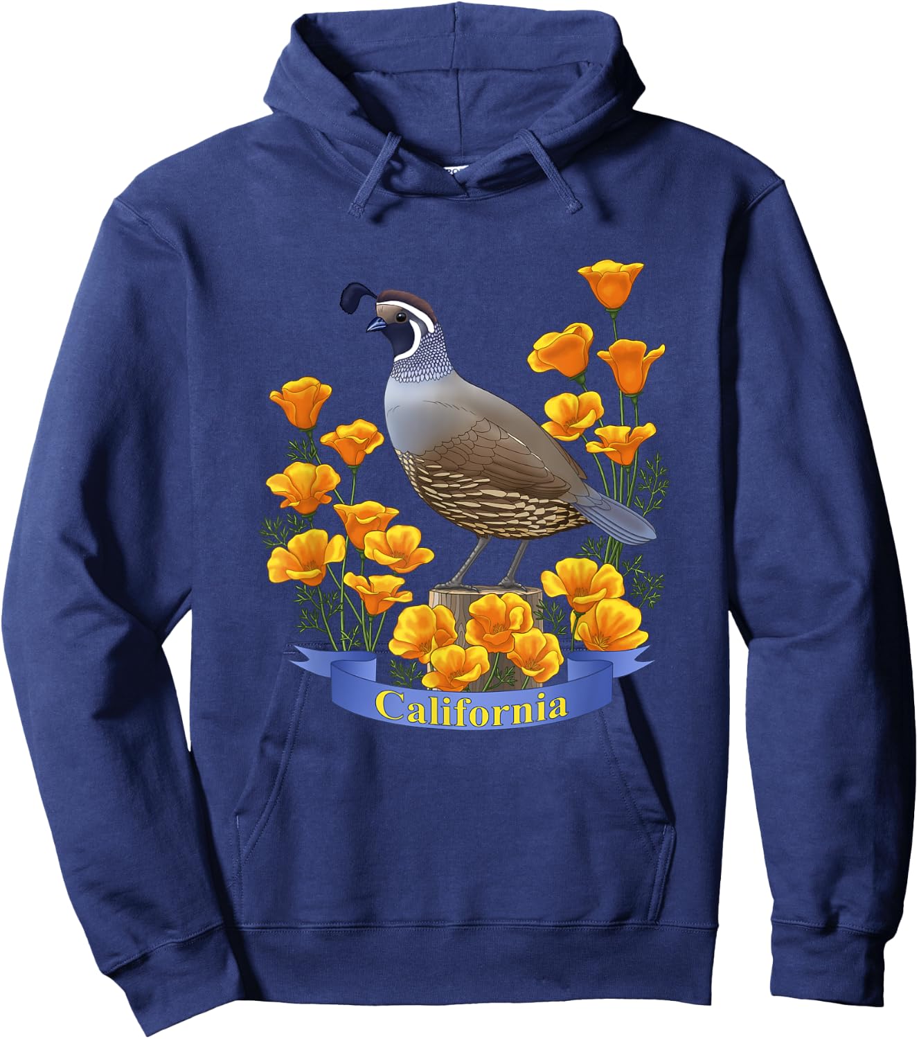 California Valley Quail State Bird & Golden Poppy Flowers Hoodie - Hoodie | Navy