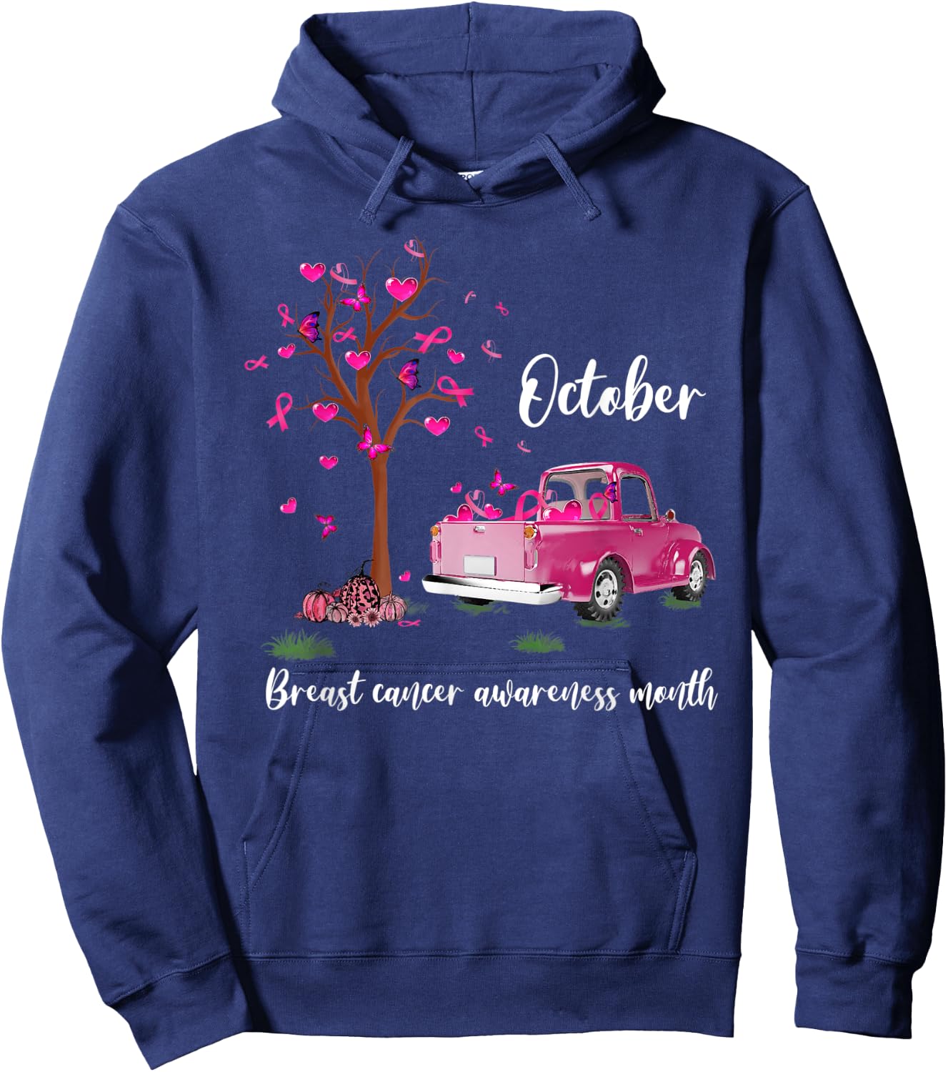 Pink Truck Pumpkin October Breast Cancer Awareness Month Hoodie - Hoodie | Navy