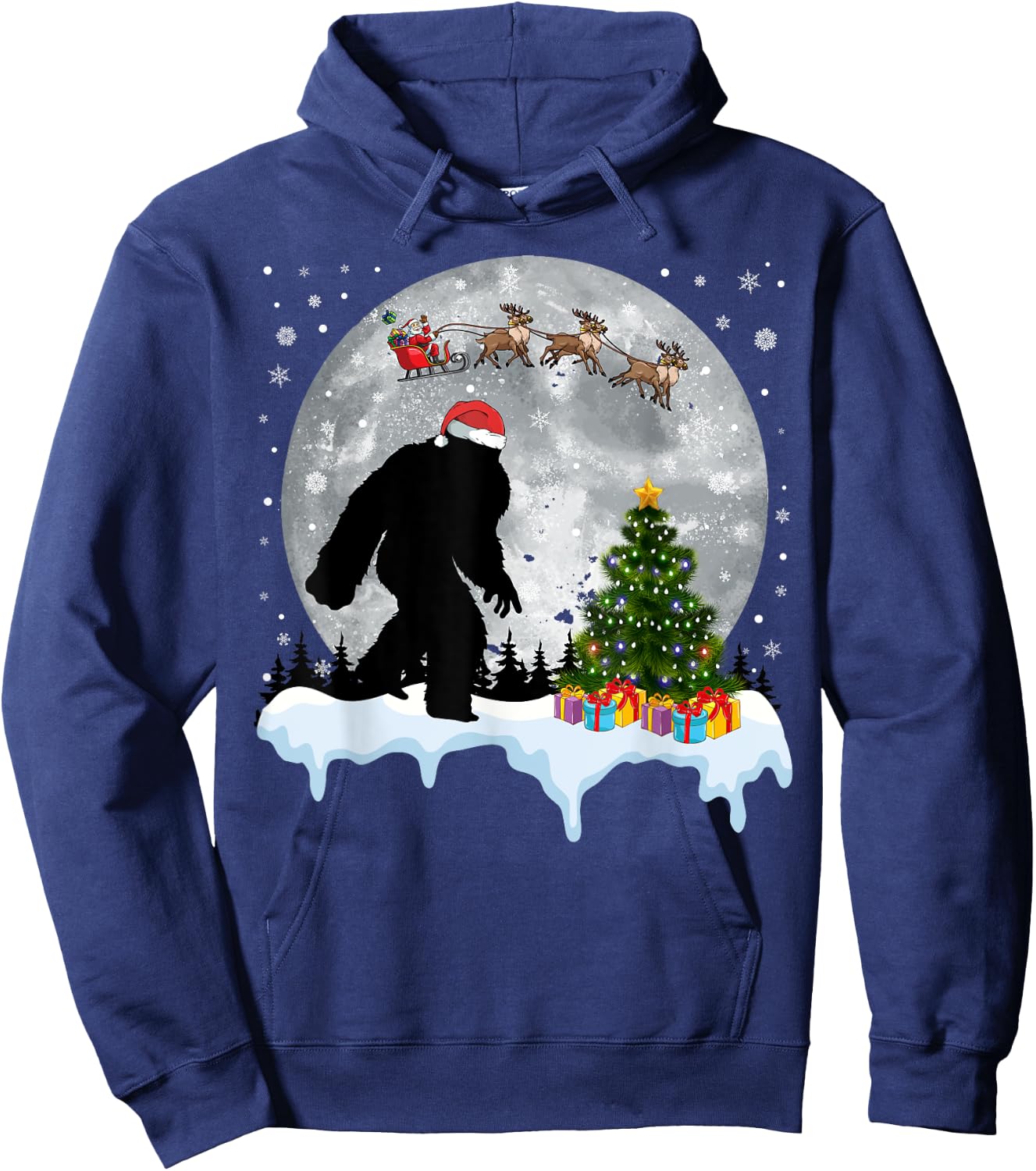 Christmas Bigfoot Santa Tree Sleigh Moon Reindeer Snow Hoodie - Hoodie | Navy