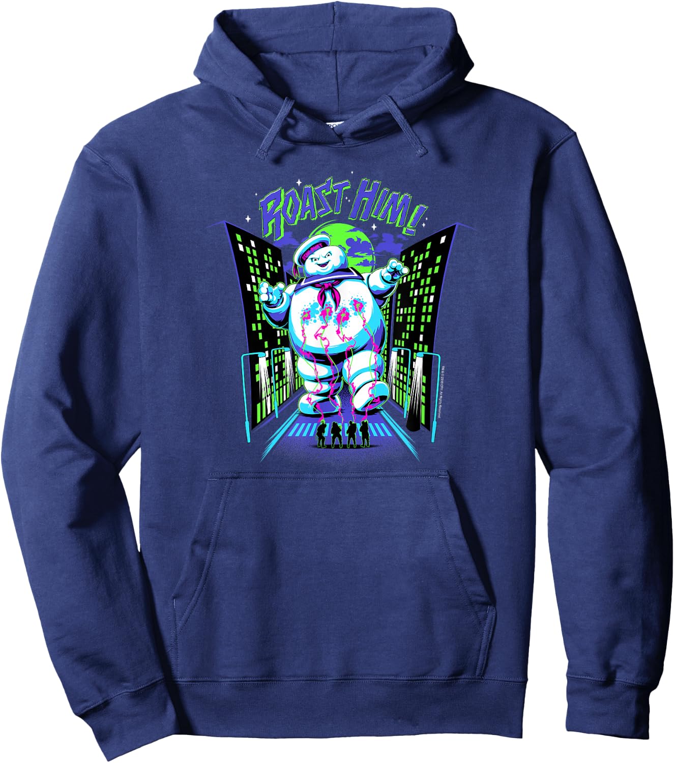 Ghostbusters Roast Him! Stay Puft Arcade Graphic Retro Movie Hoodie - Hoodie | Navy