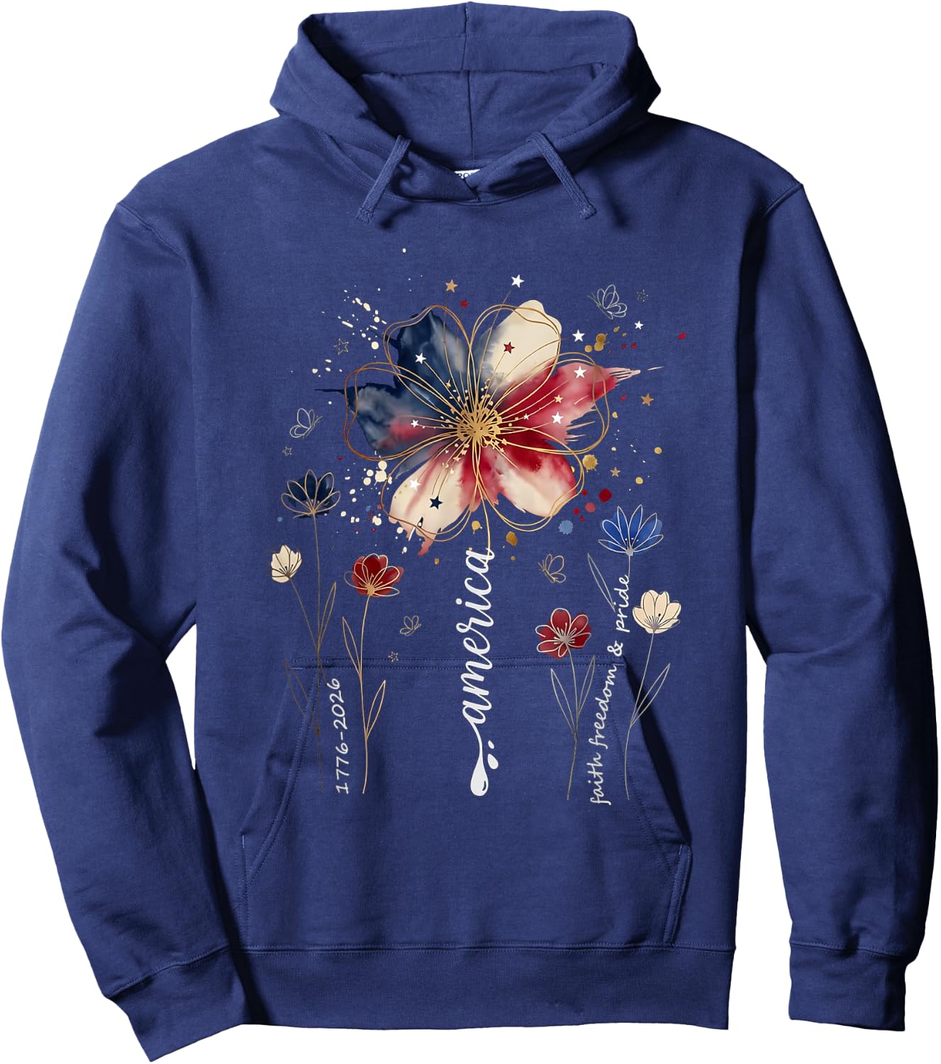 250th Anniversary Wildflower USA Flag Patriotic 4th of July Hoodie - Hoodie | Navy