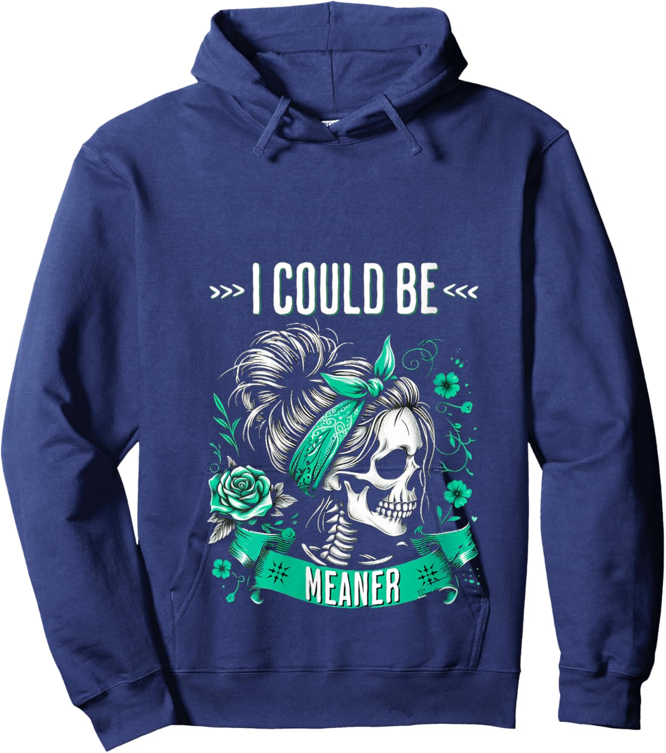 Vintage Funny Sarcastic Messy Bun Skeleton I Could Be Meaner V-Neck Hoodie - Hoodie | Navy