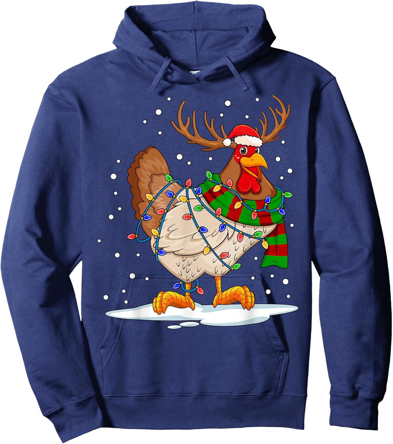 Funny Chicken Christmas Reindeer Christmas Lights Pajama Hoodie - Hoodie | Navy
