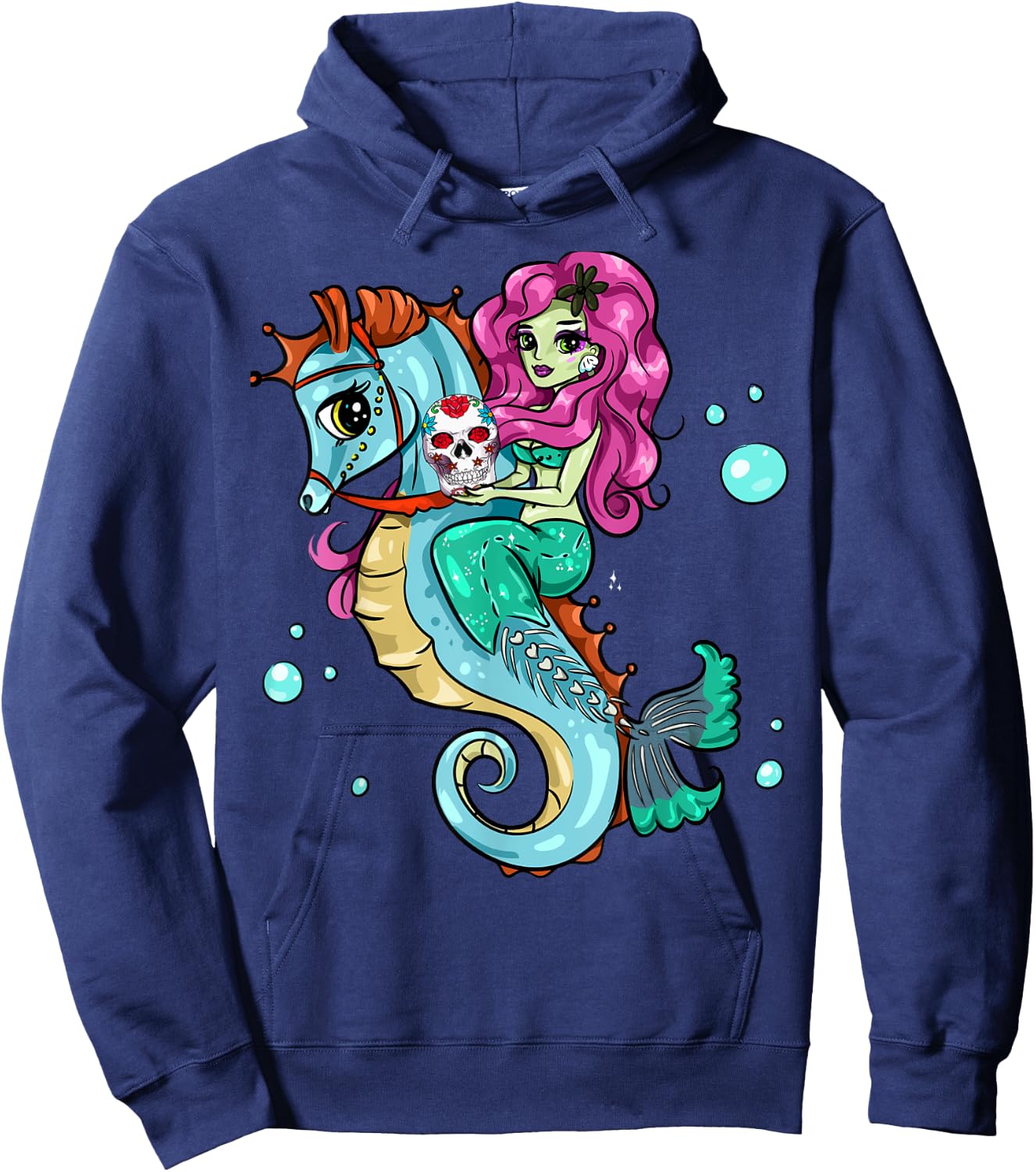 Halloween Skeleton Mermaid Sugar Skull Sea Horse Hoodie - Hoodie | Navy