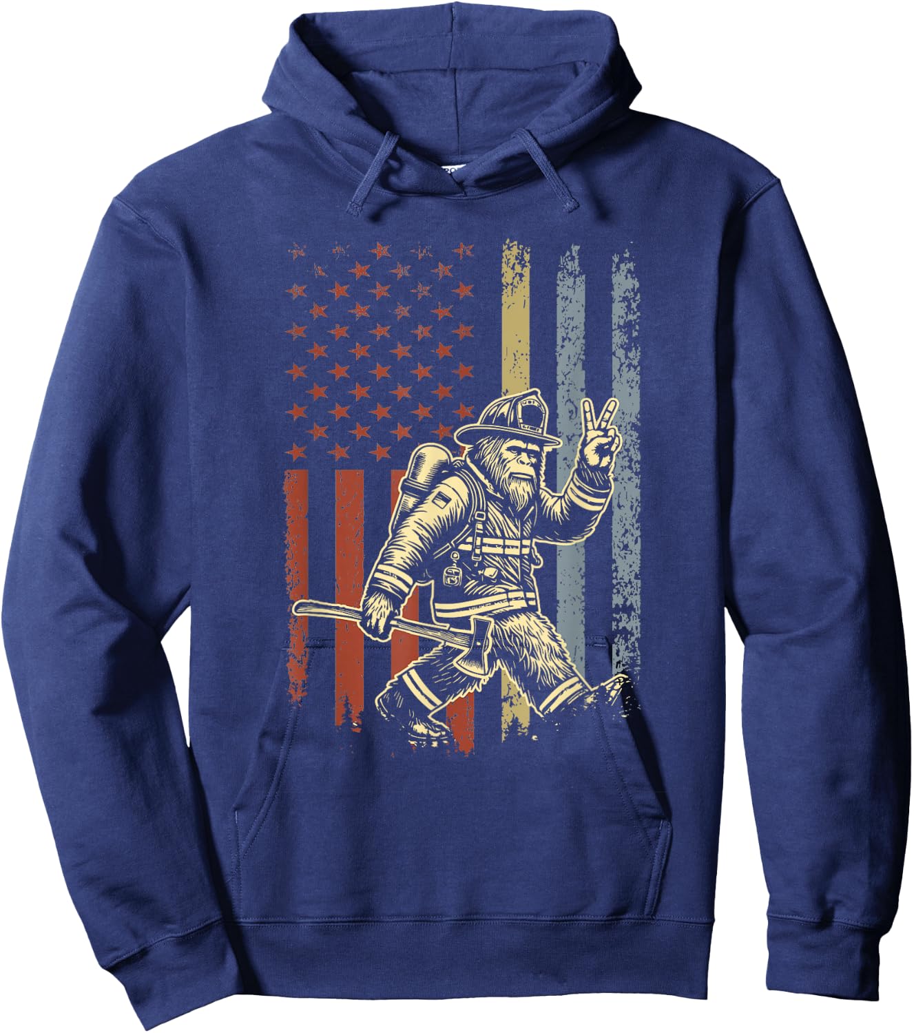 Retro American Flag Bigfoot Firefighter Sasquatch Fireman Hoodie - Hoodie | Navy