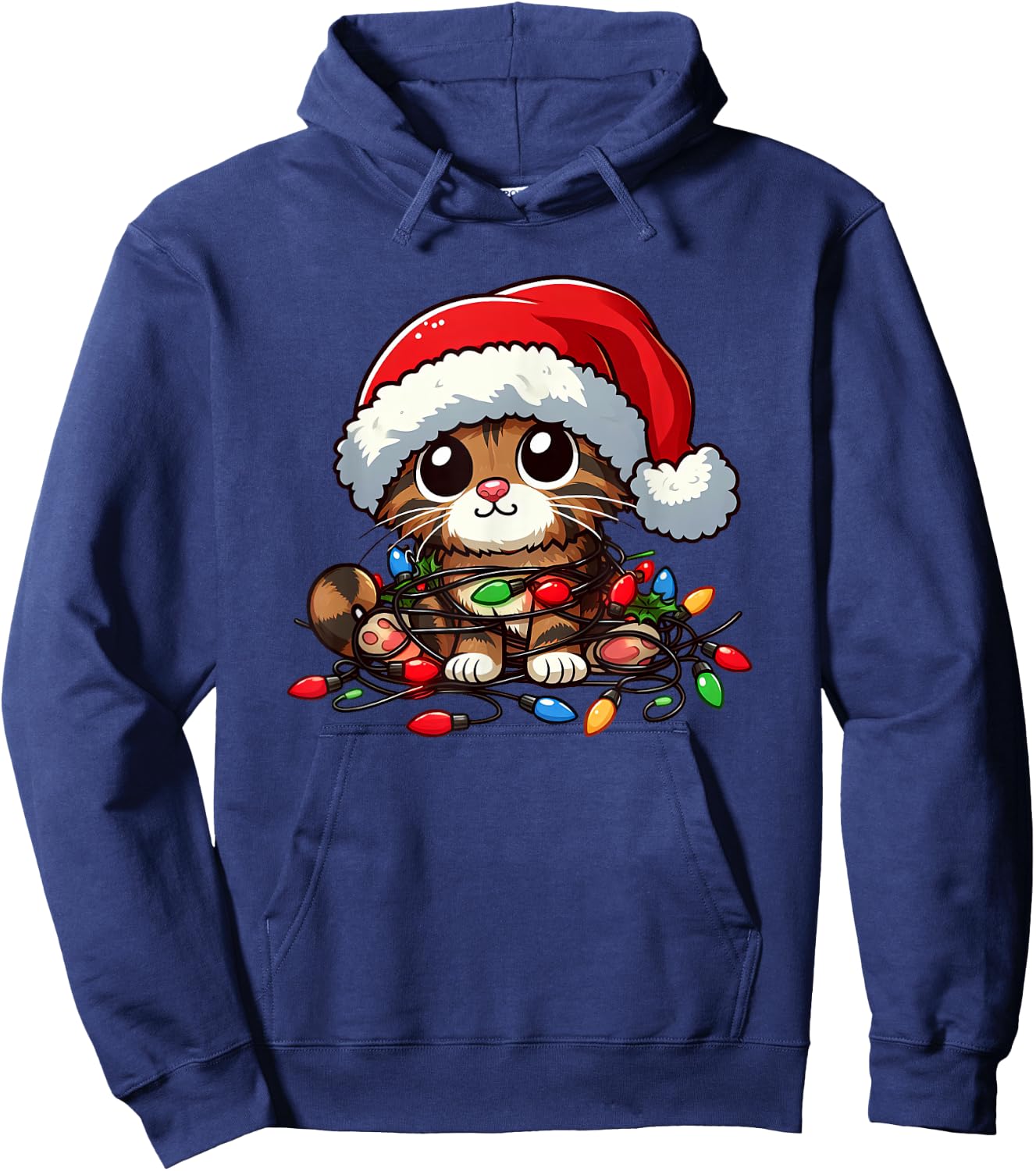Brown Tabby Cat Christmas Lights Pet Funny Xmas Hoodie - Hoodie | Navy