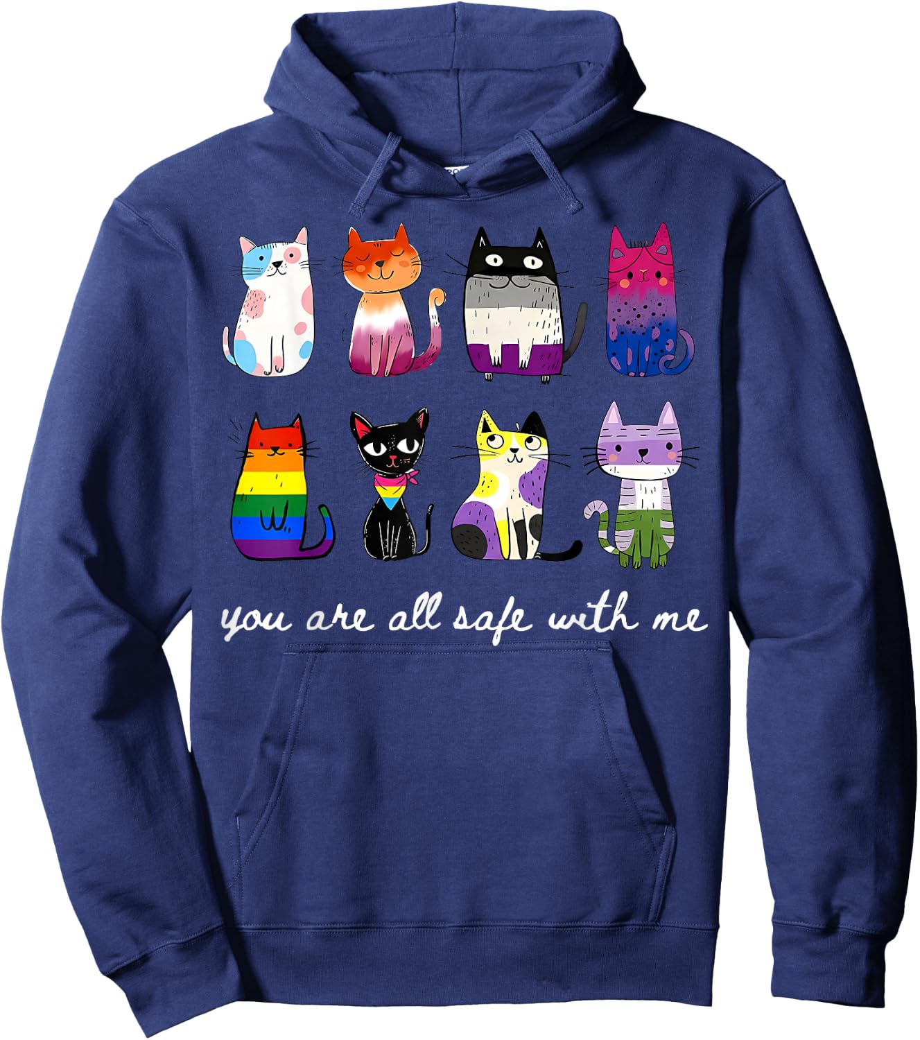 Cute Cats You are Safe with Me Gay Pride Rainbow Ally LGBTQ Hoodie - Hoodie | Navy