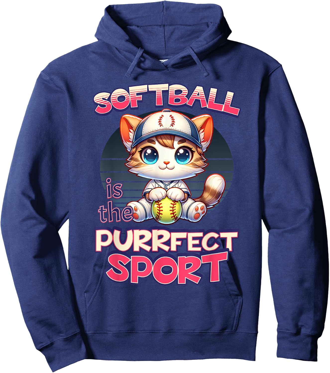 Softball is the Purrfect Sport Cute Kitty Cat Kitten Graphic Women Girls Kids Hoodie - Hoodie | Navy