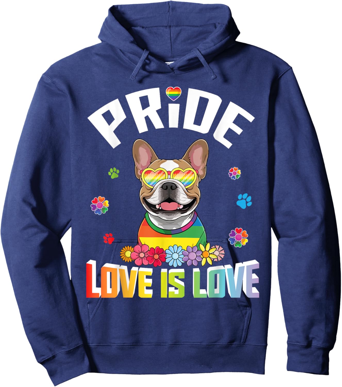 Heart Sunglasses Frenchie Pride Love Is Love Rainbow LGBTQ Hoodie - Hoodie | Navy