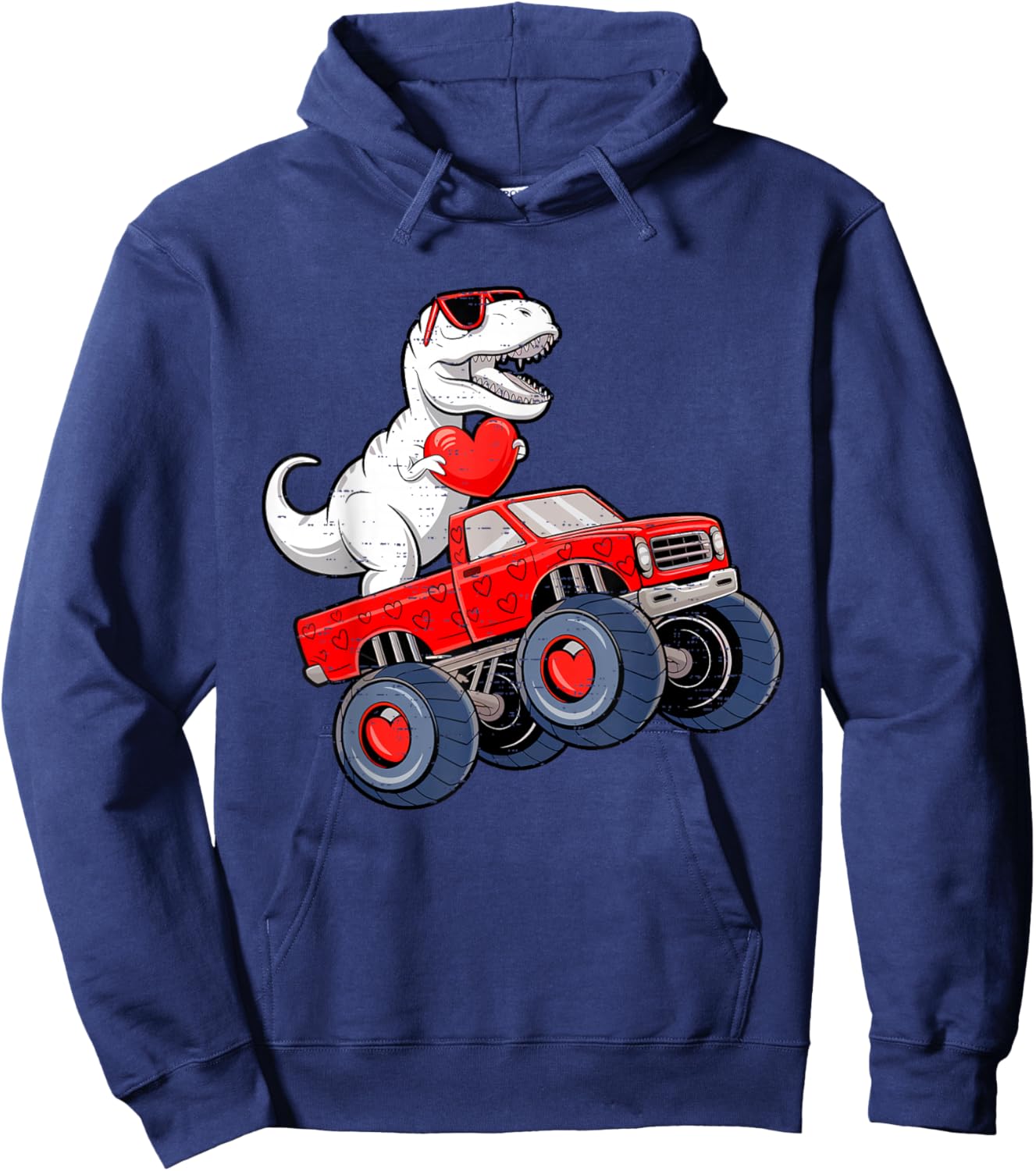 Valentines Day Dinosaur T Rex Riding Truck Toddler Boys Kids Hoodie - Hoodie | Navy
