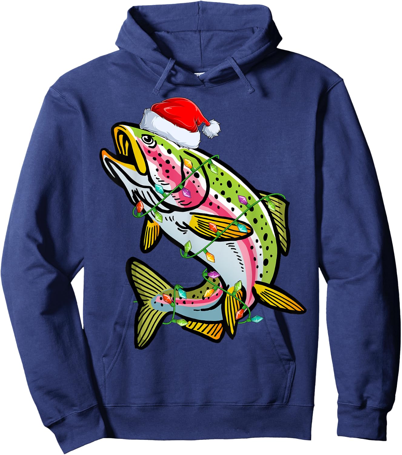 Xmas Lights Santa Hat Rainbow Trout Fish Christmas Hoodie - Hoodie | Navy