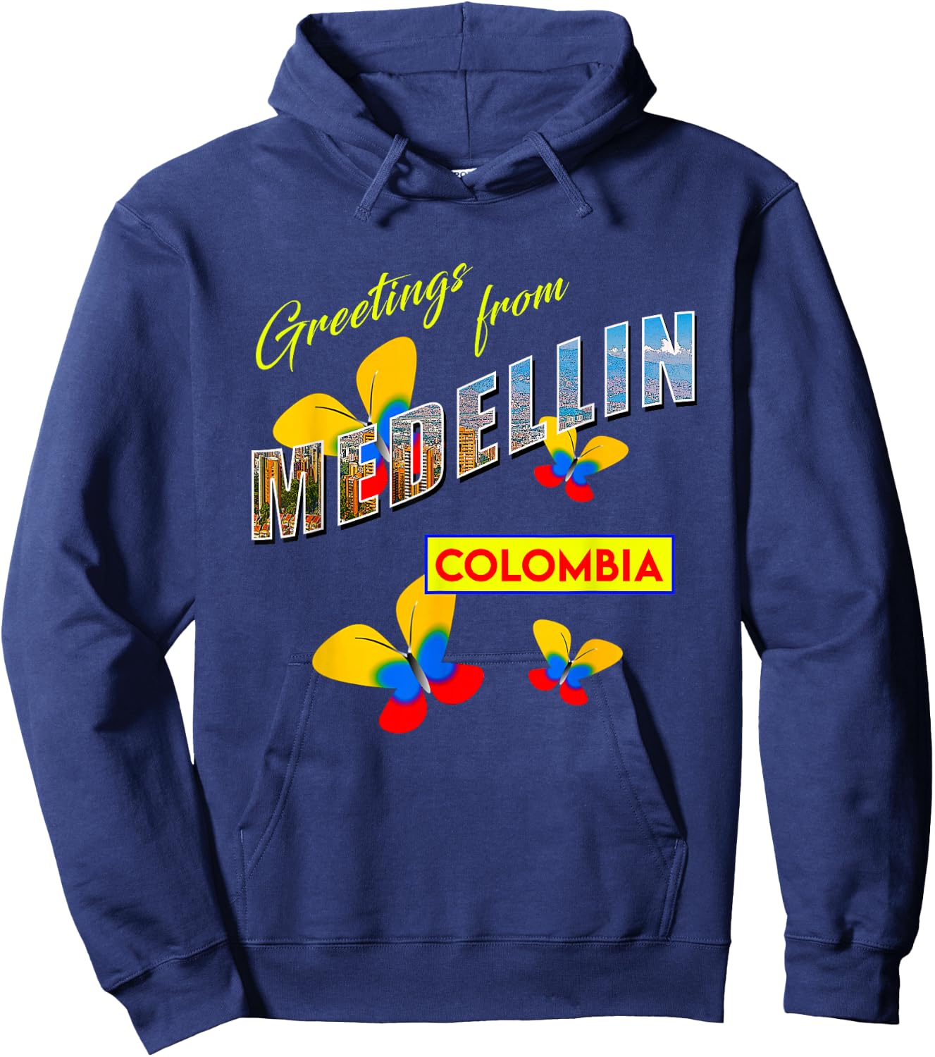 Greetings From Medellin Colombia Retro Postcard Style Hoodie - Hoodie | Navy